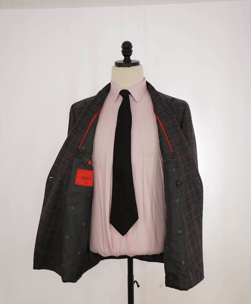 $5,750 ISAIA - "BASE MUSA" Gray & Red Check DOUBLE BREASTED Wool Suit - 40R