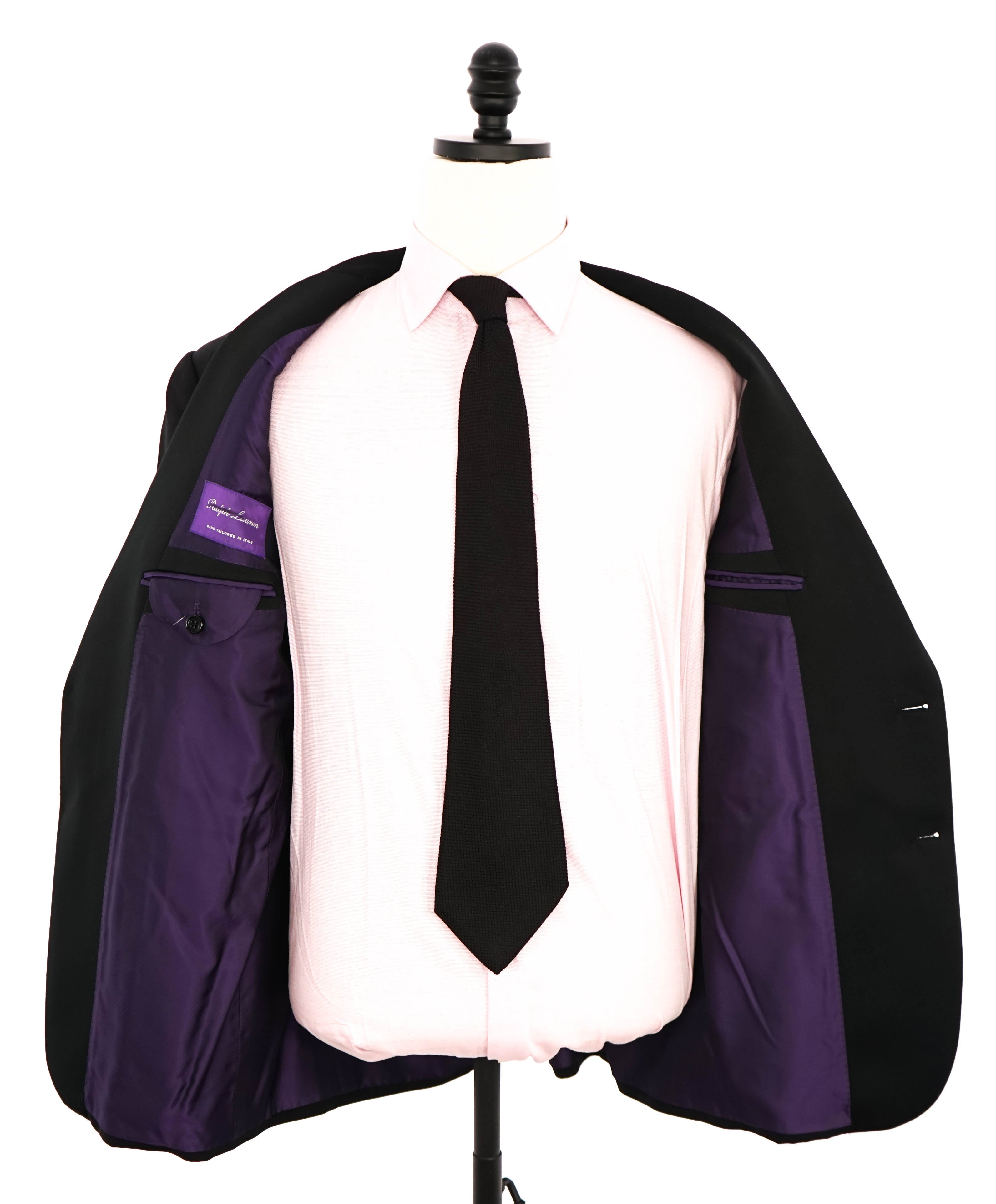 RALPH LAUREN PURPLE LABEL - Notch Lapel Black Tuxedo Suit Side Tabs - 44R