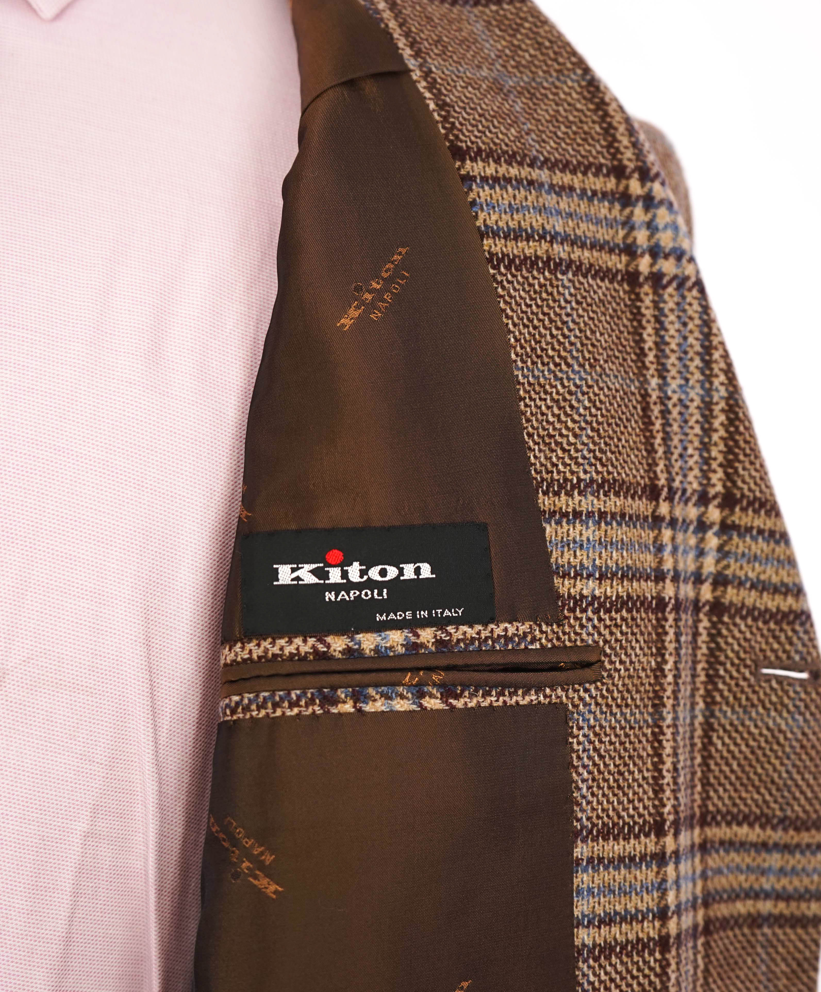 $9,250 KITON - *CASHMERE* Brown & Blue Glen Check 2/3 Roll Check Blazer - 40R