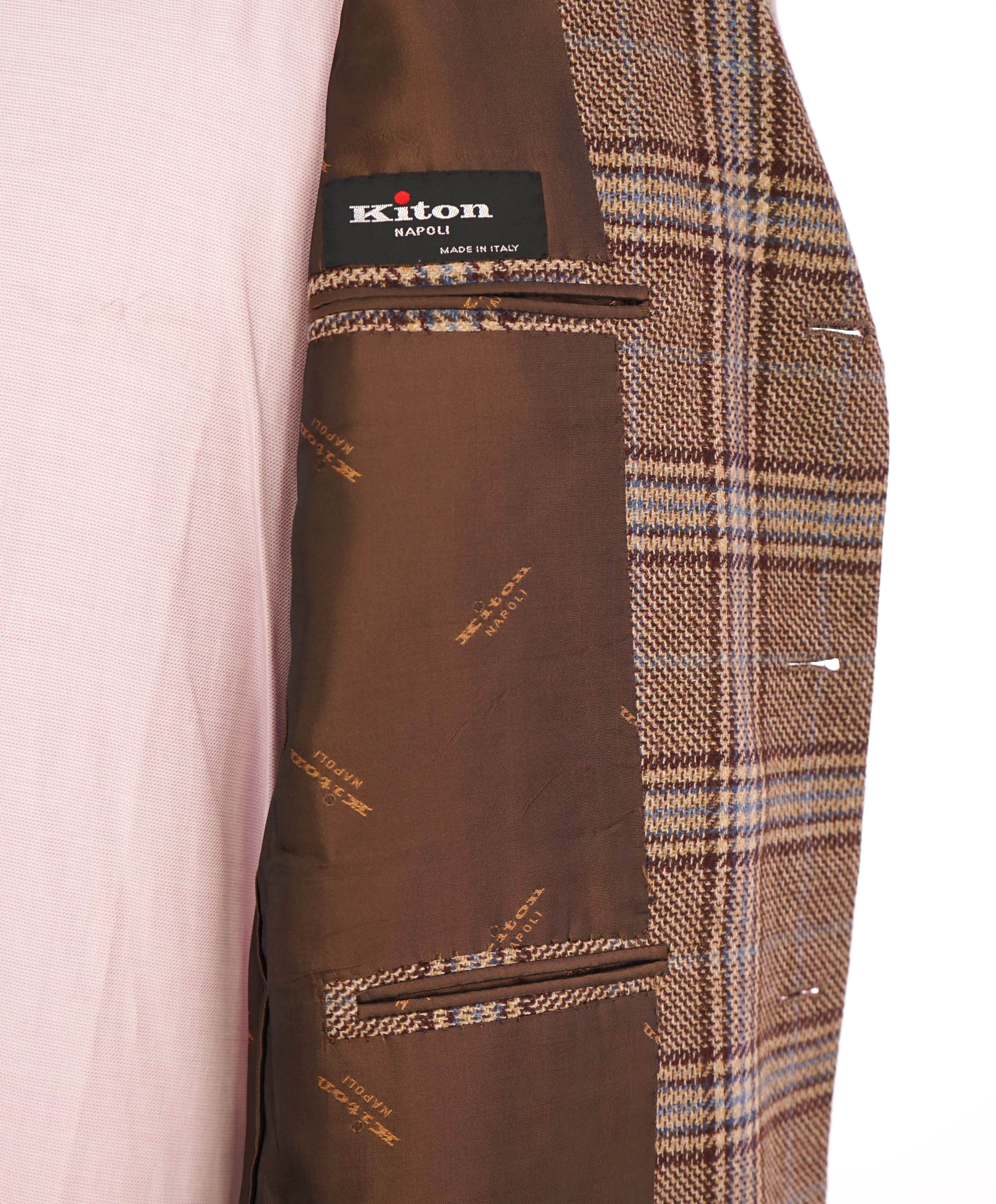 $9,250 KITON - *CASHMERE* Brown & Blue Glen Check 2/3 Roll Check Blazer - 40R