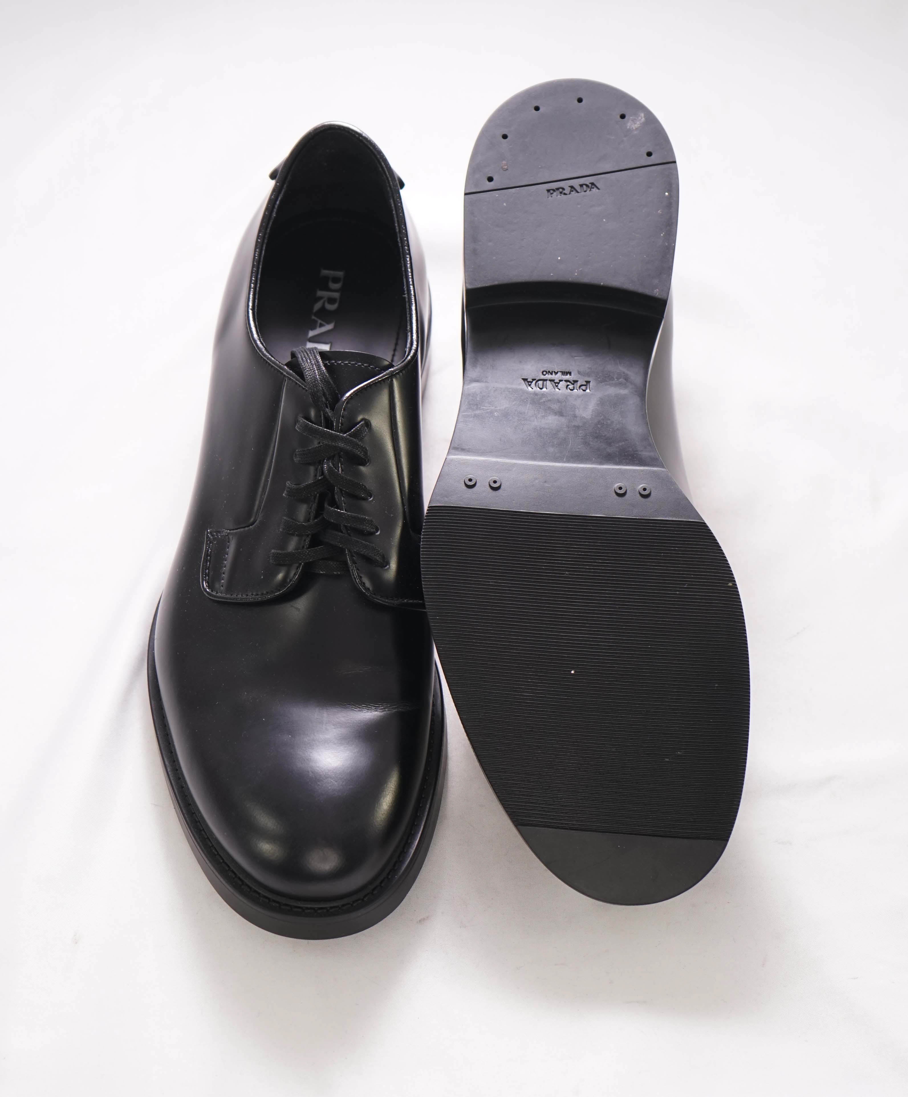 $1,150 PRADA - Black Brushed Triangle Plaque Leather Derby Lace-Ups - 12 US (11 Prada)