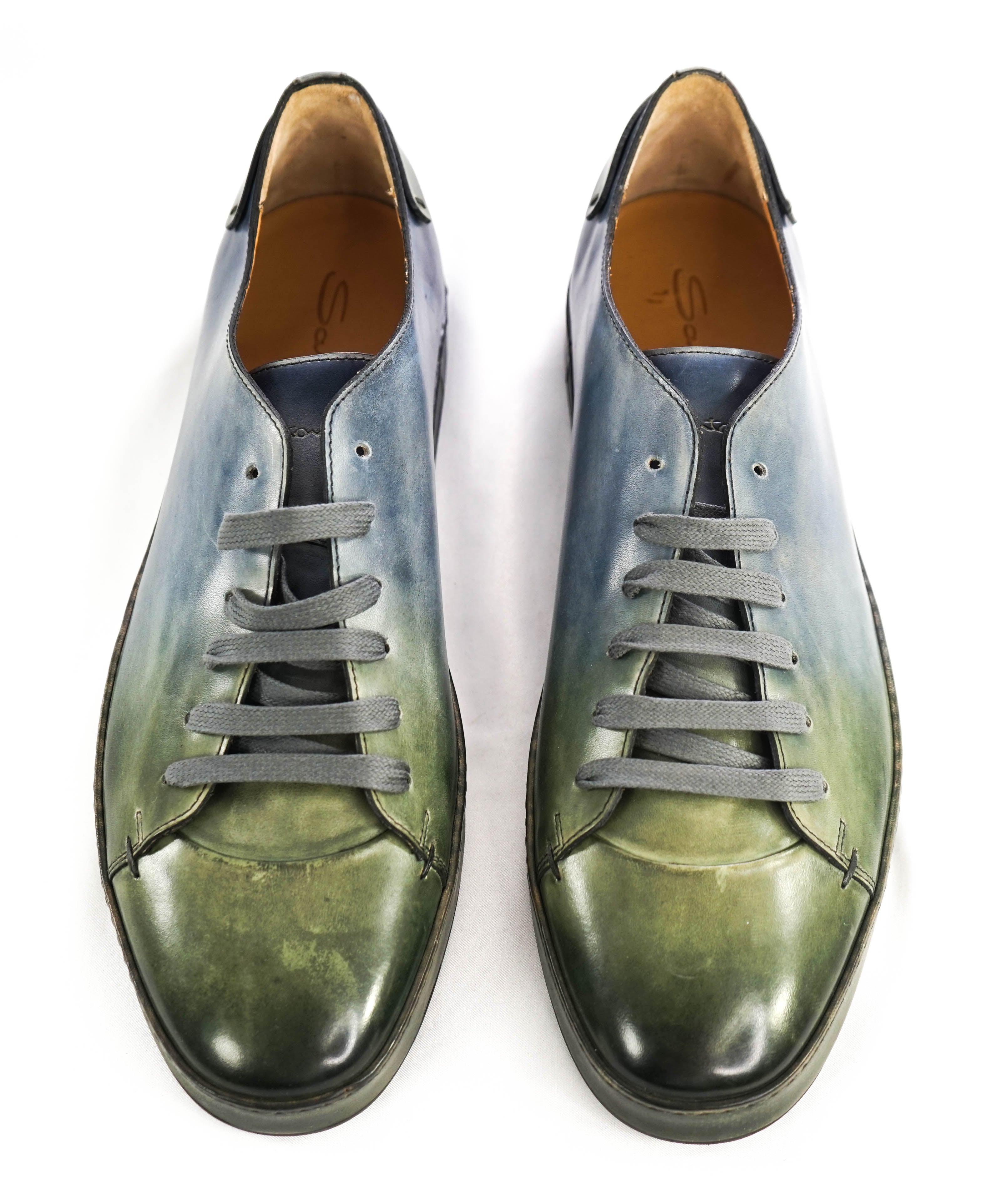 $1,295 SANTONI -  Green/Blue Hand Patina Full Leather Sneaker - 13 (12 IT)