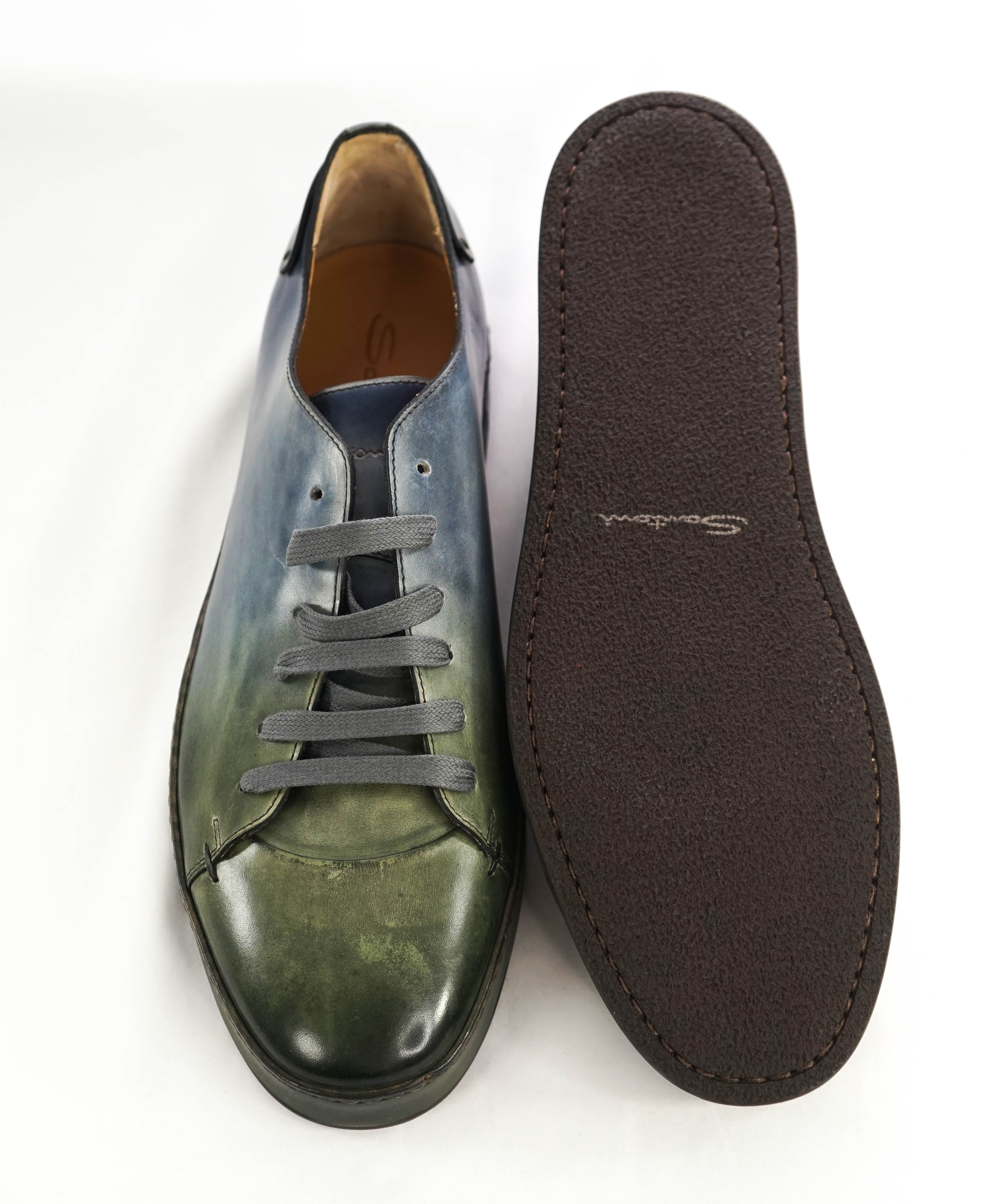 $1,295 SANTONI -  Green/Blue Hand Patina Full Leather Sneaker - 13 (12 IT)