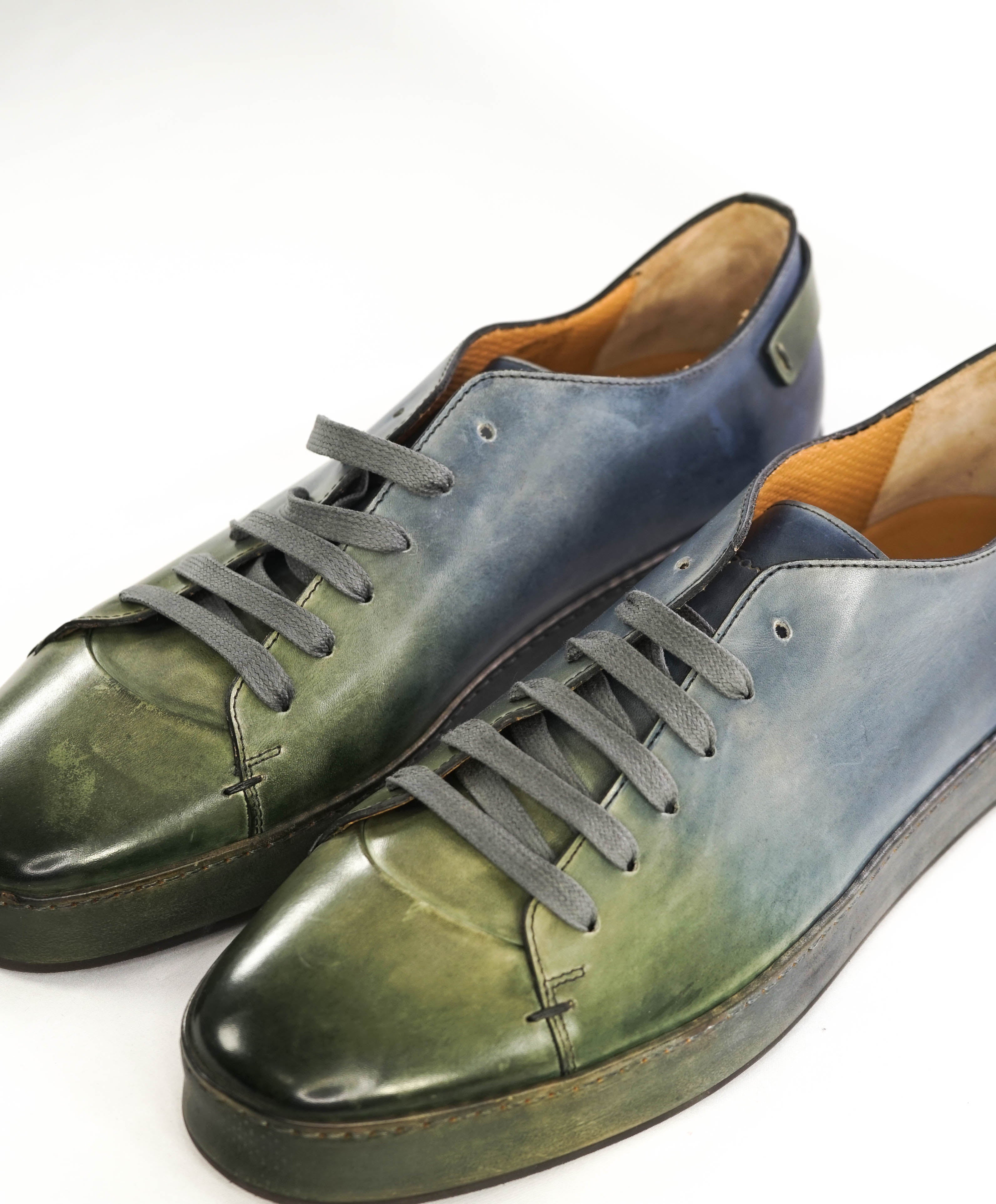 $1,295 SANTONI -  Green/Blue Hand Patina Full Leather Sneaker - 13 (12 IT)