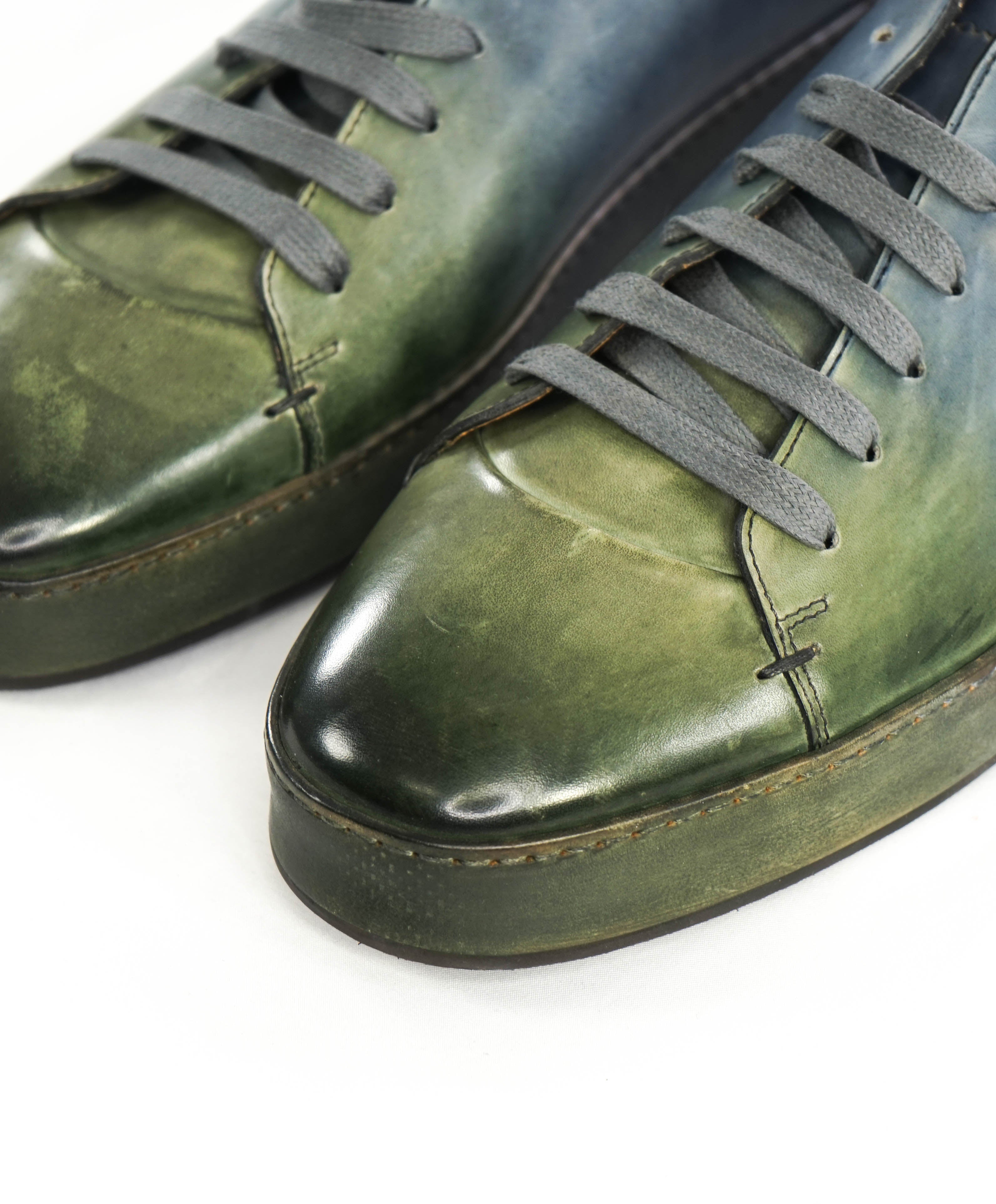 $1,295 SANTONI -  Green/Blue Hand Patina Full Leather Sneaker - 13 (12 IT)