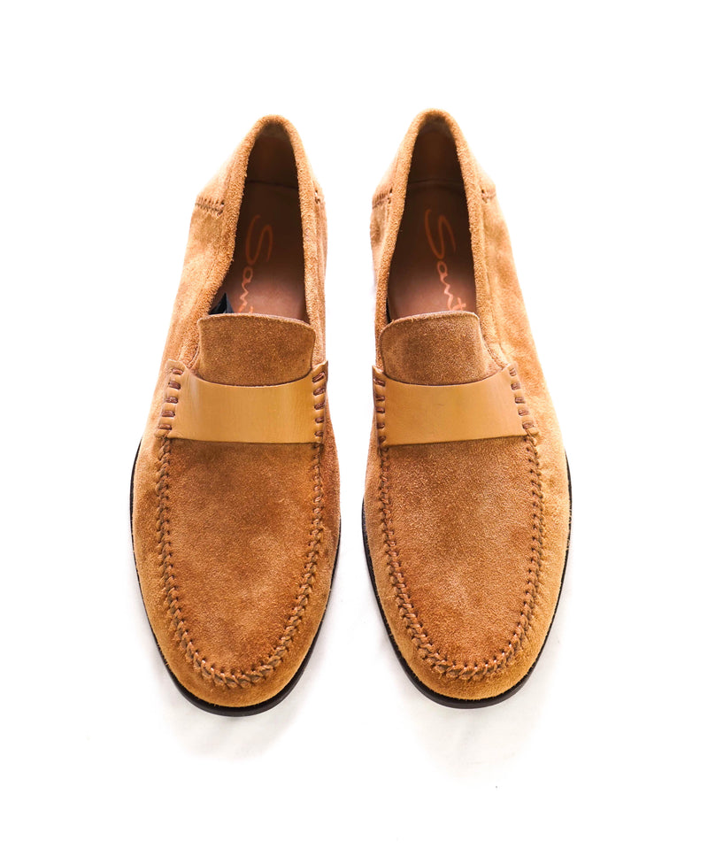 $800 SANTONI - Tobacco Snuff Suede Leather Unlined Venetian Loafers - 9.5 D