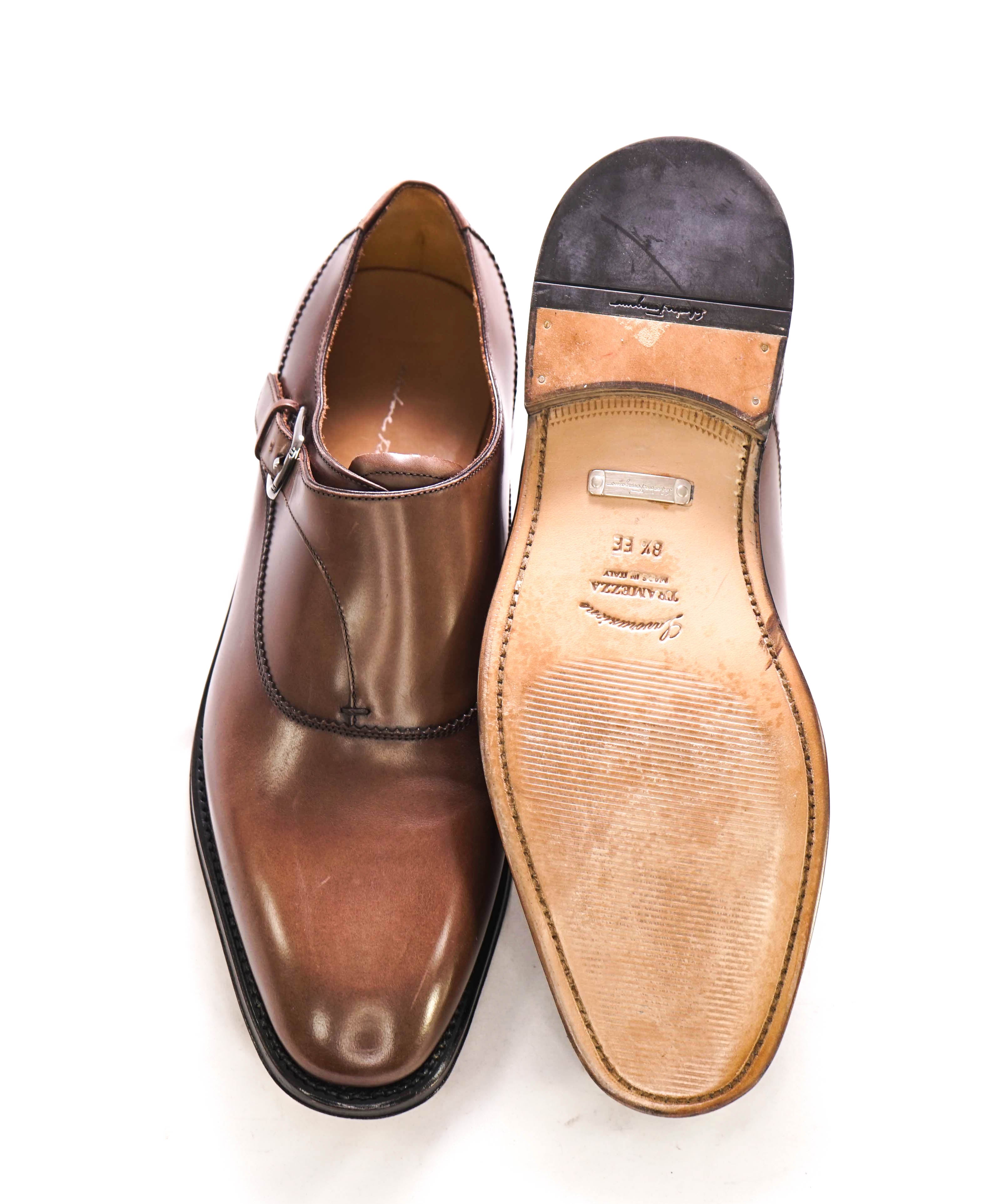 $1,250 SALVATORE FERRAGAMO - "TRAMEZZA" Brown Single Monk Loafers - 8.5 EE