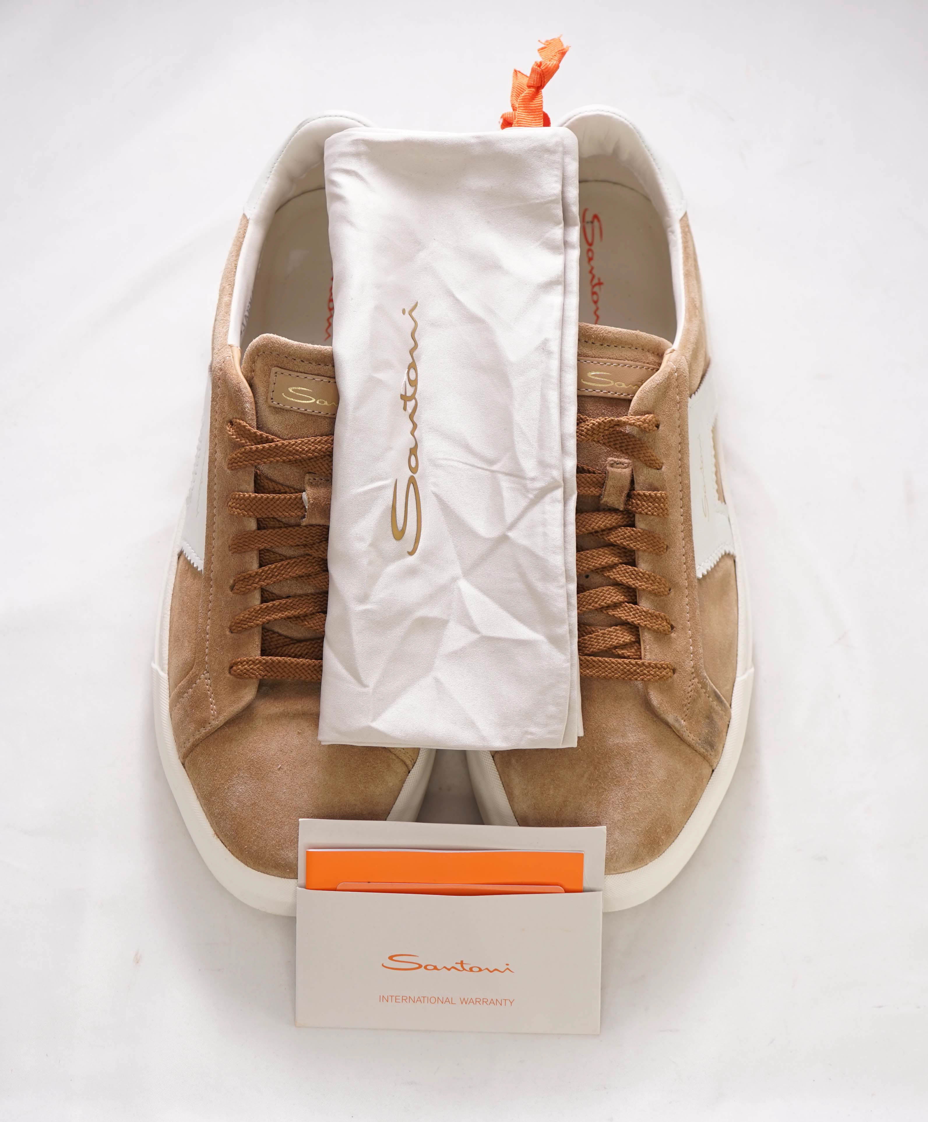 $795 SANTONI - Neutral Suede Double Buckle Full Leather Sneakers - 11 US (10 IT)