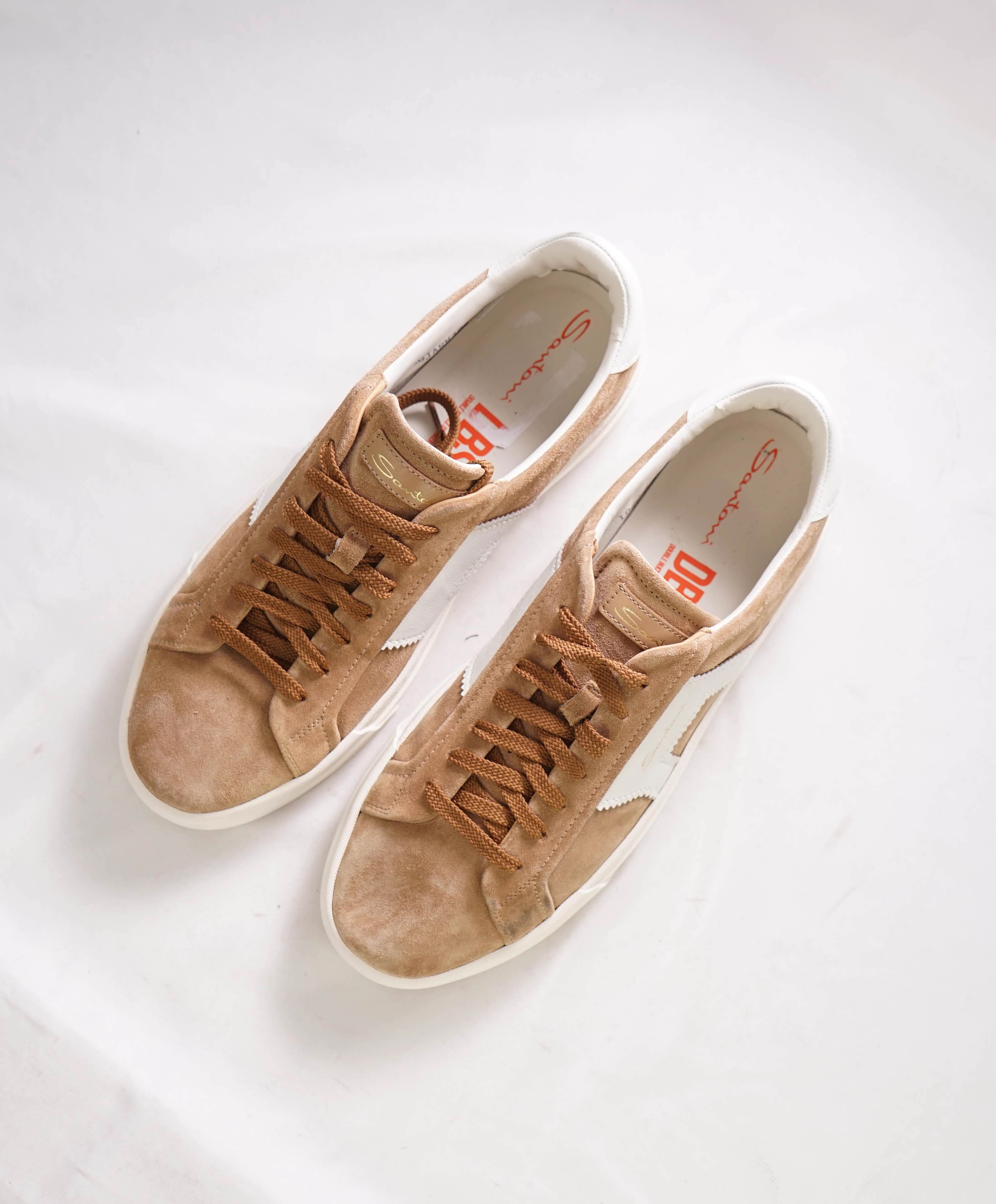 $795 SANTONI - Neutral Suede Double Buckle Full Leather Sneakers - 11 US (10 IT)