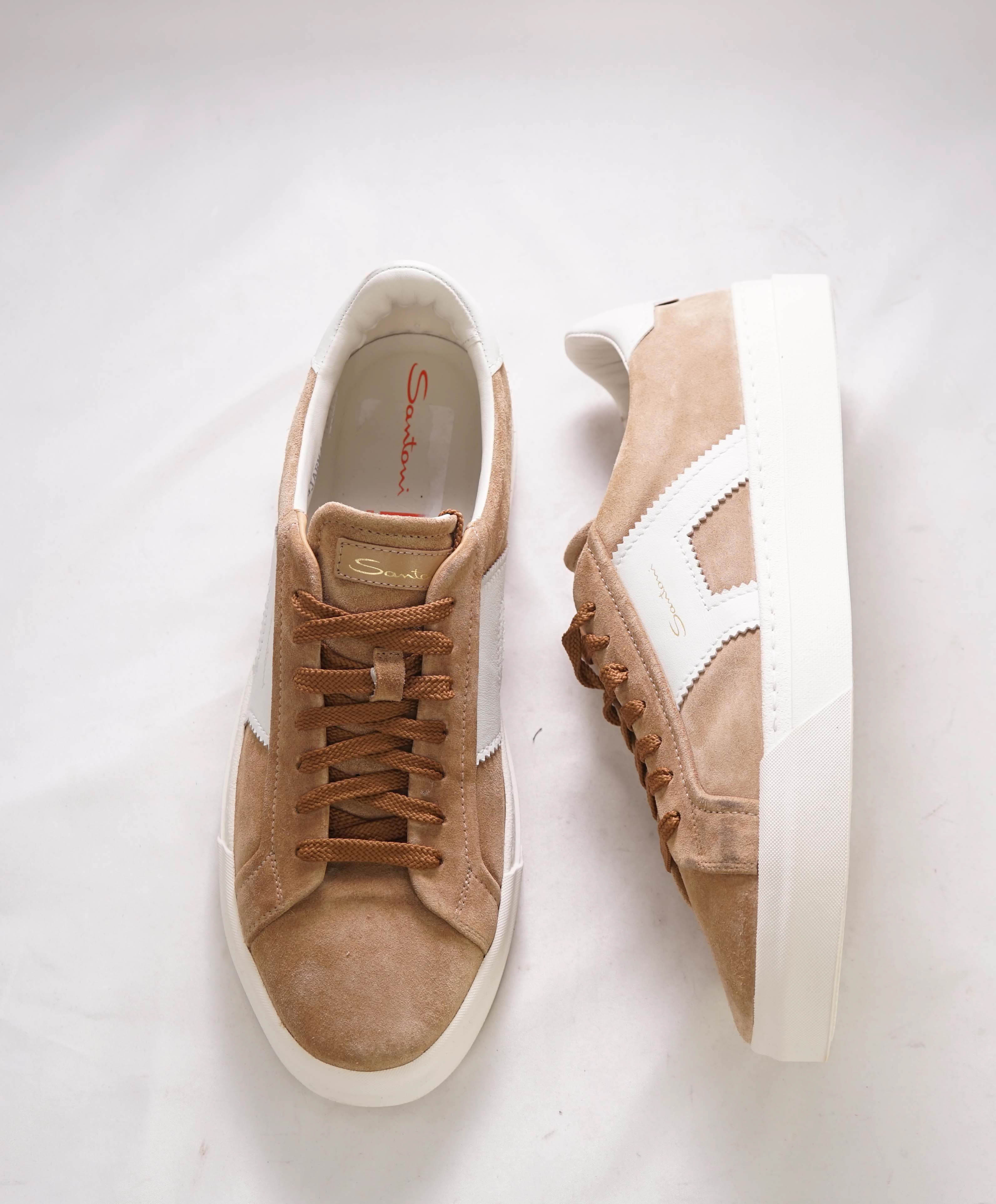 $795 SANTONI - Neutral Suede Double Buckle Full Leather Sneakers - 11 US (10 IT)