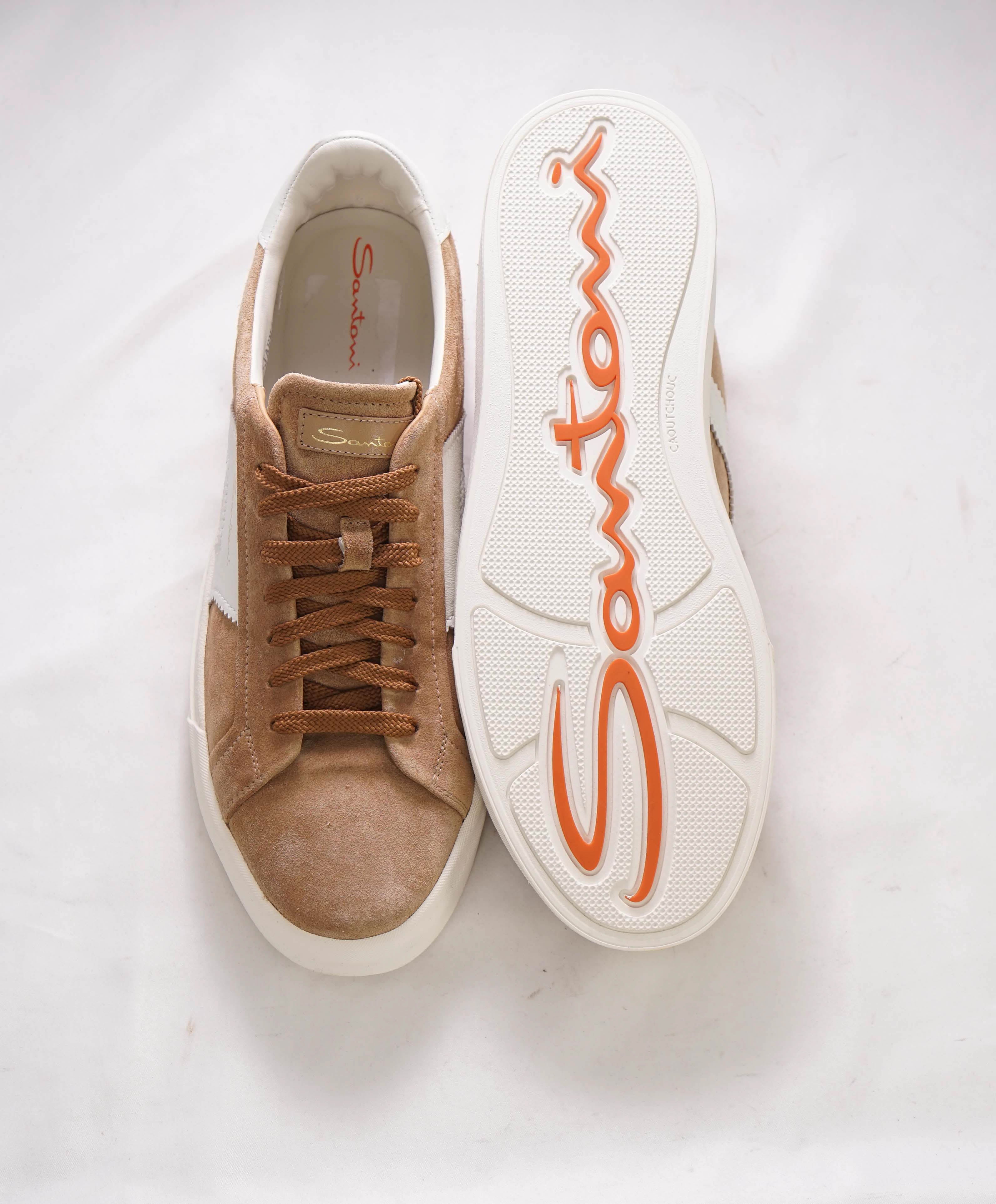 $795 SANTONI - Neutral Suede Double Buckle Full Leather Sneakers - 11 US (10 IT)