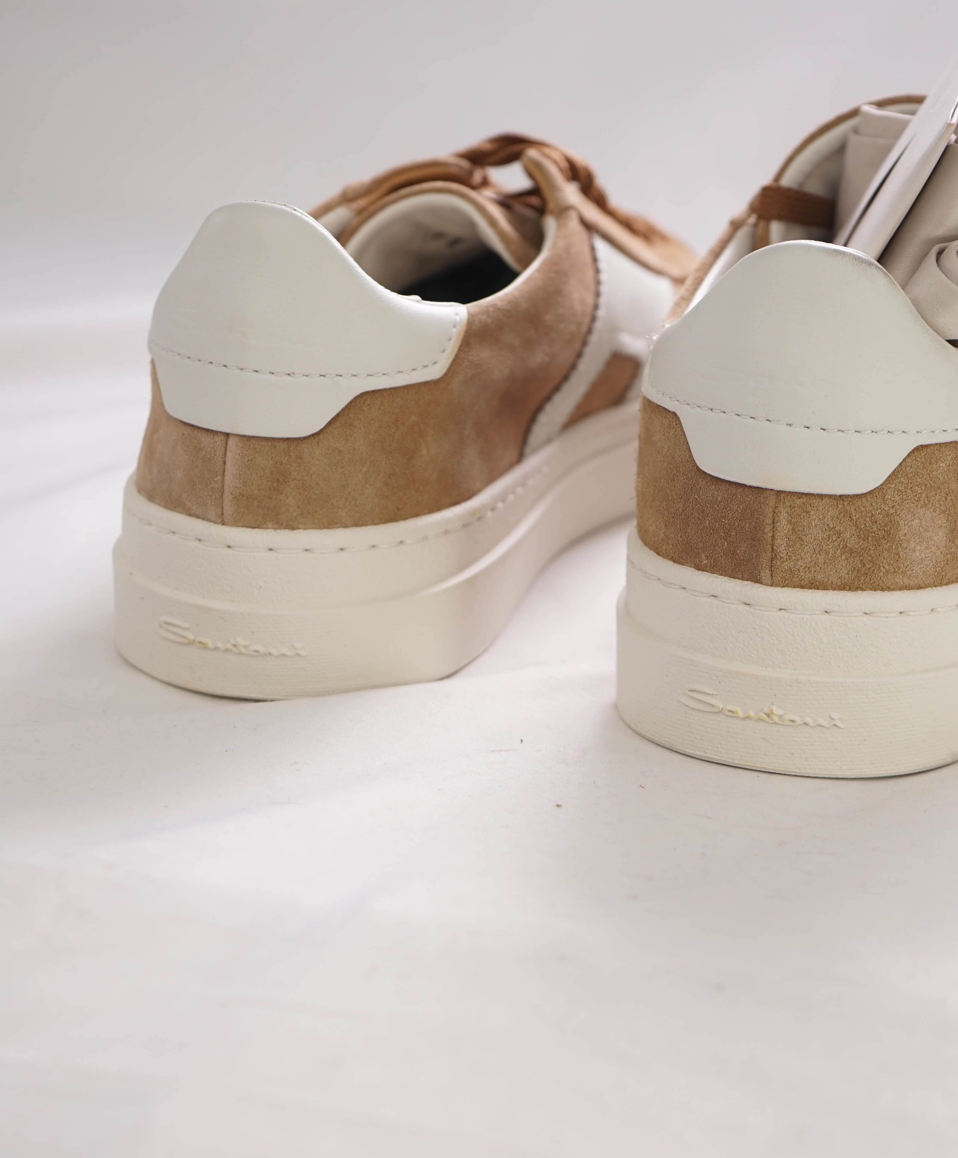 $795 SANTONI - Neutral Suede Double Buckle Full Leather Sneakers - 11 US (10 IT)