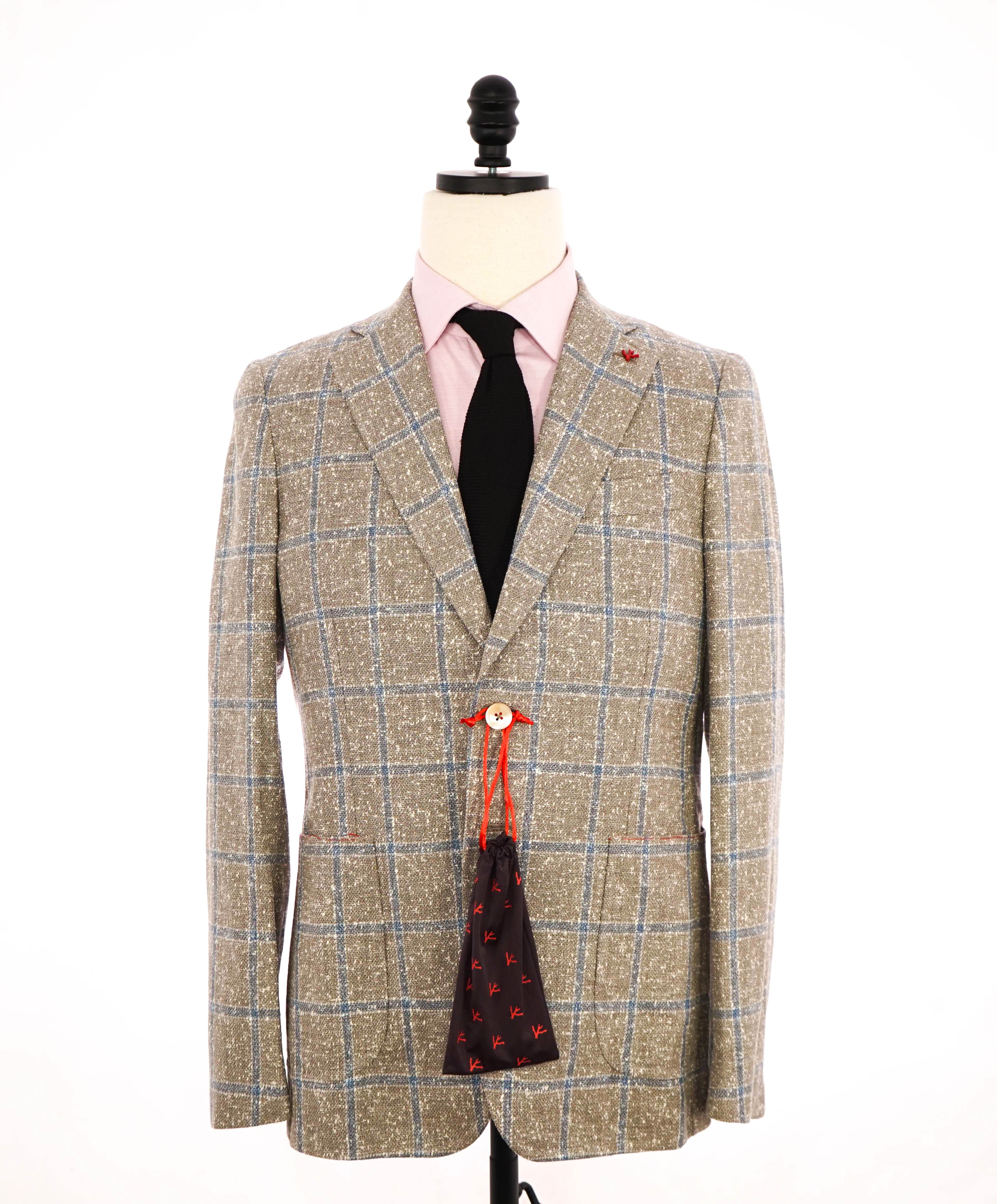 $4,695 ISAIA - WOOL / SILK/ LINEN Blue/Beige Check "CORTINA" Blazer - 38R