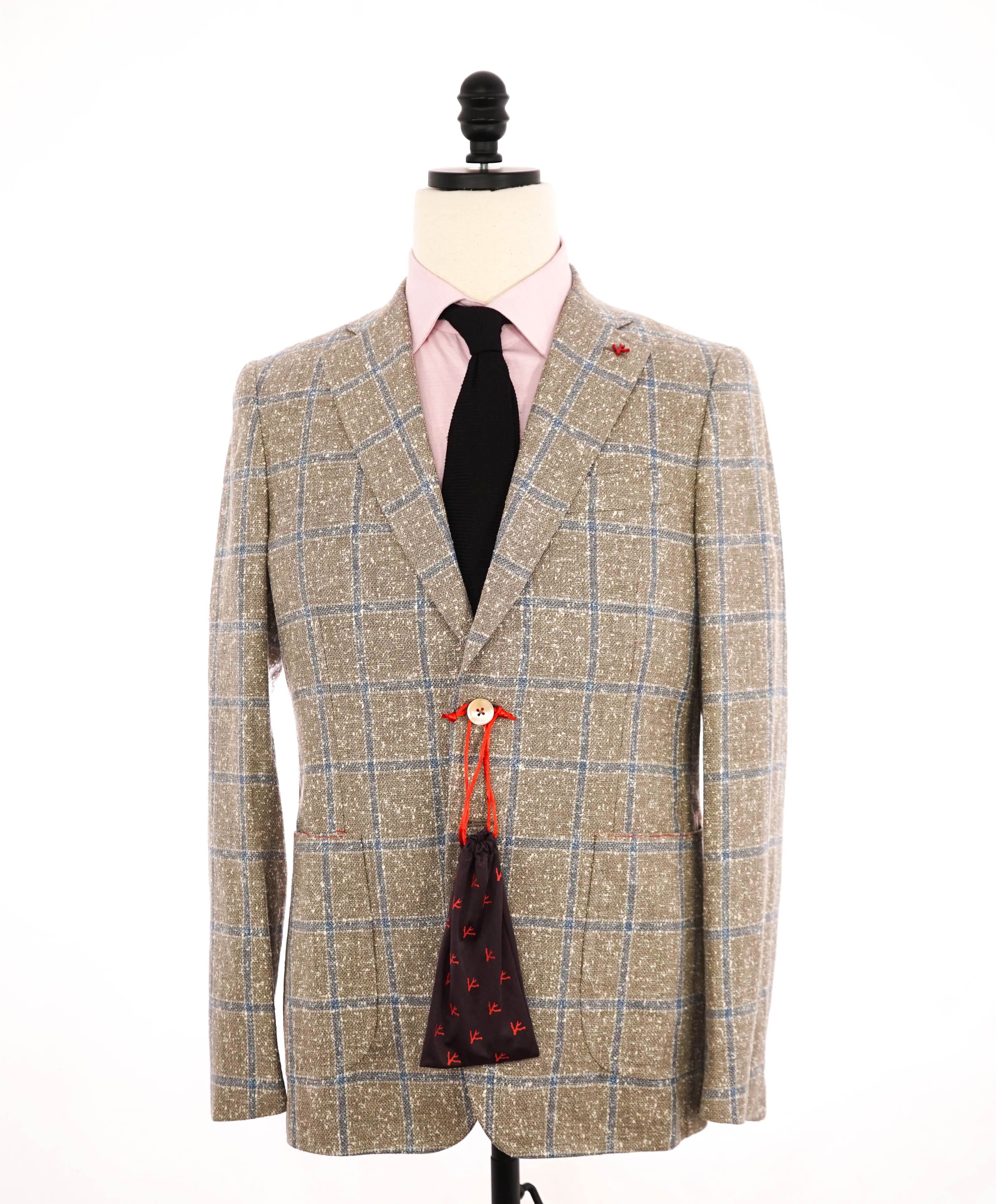 $4,695 ISAIA - WOOL / SILK/ LINEN Blue/Beige Check "CORTINA" Blazer - 38R