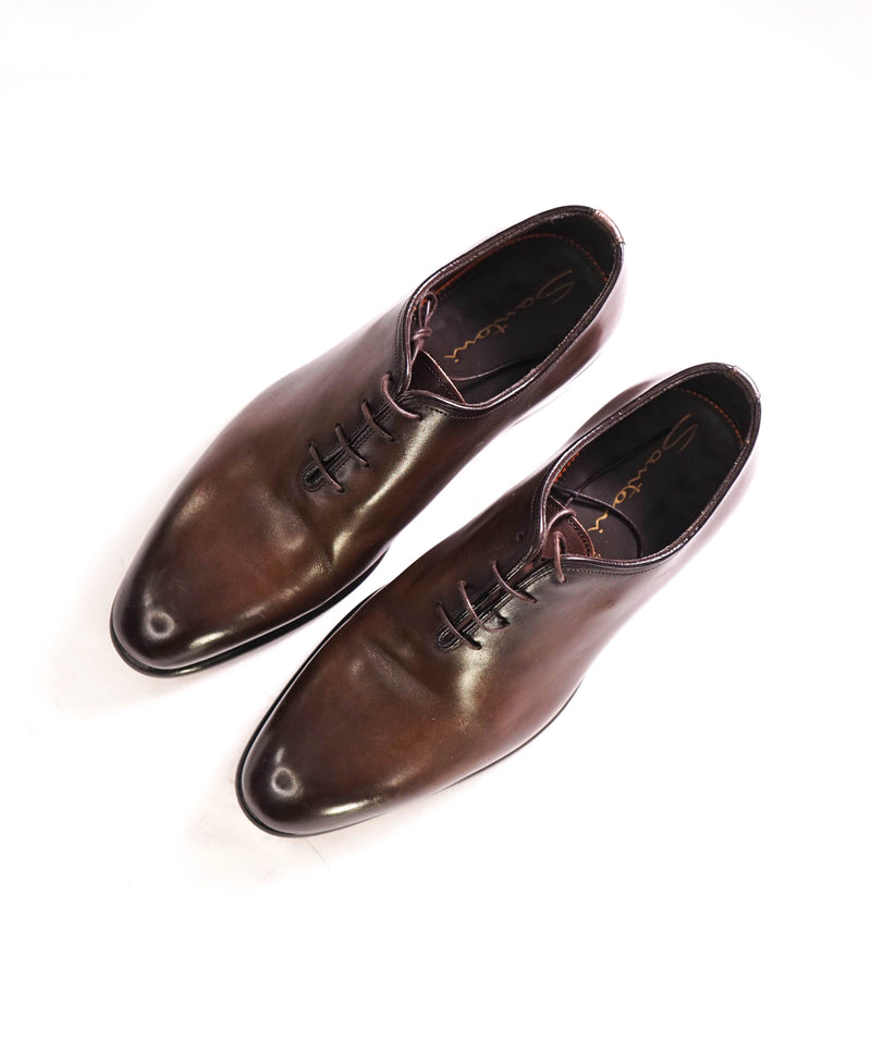 $1,195 SANTONI - "GOODYEAR" Fatte A Mano Wholecut Brown Solid Oxfords - 6 US (5 IT)