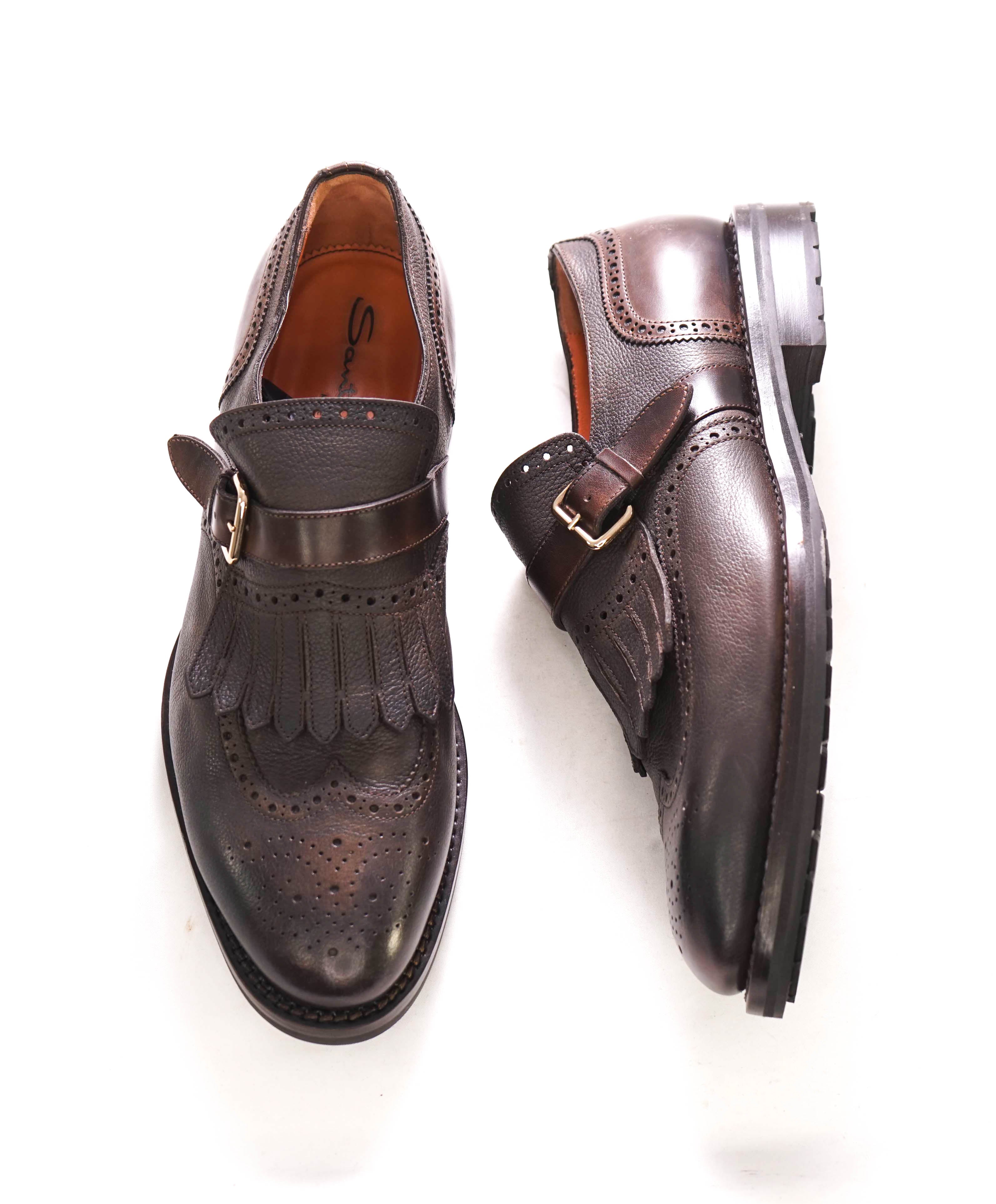 $1,195 SANTONI - Brogue Single Monk LUG SOLE Kilt Loafers - 11 US (10 IT)