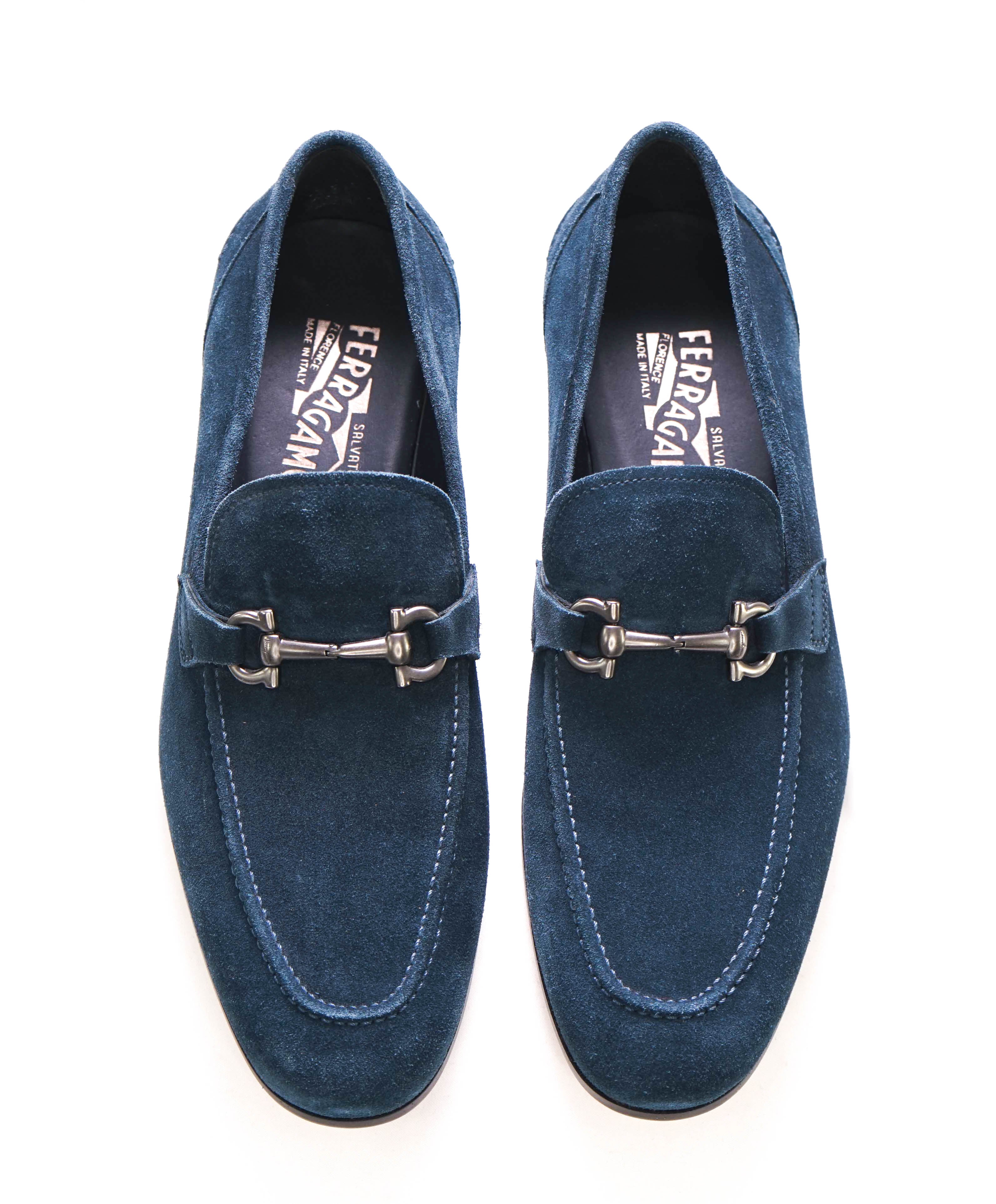 $850 SALVATORE FERRAGAMO - *TAPAS* Blue Suede Gancini Bit Loafer - 9.5 US