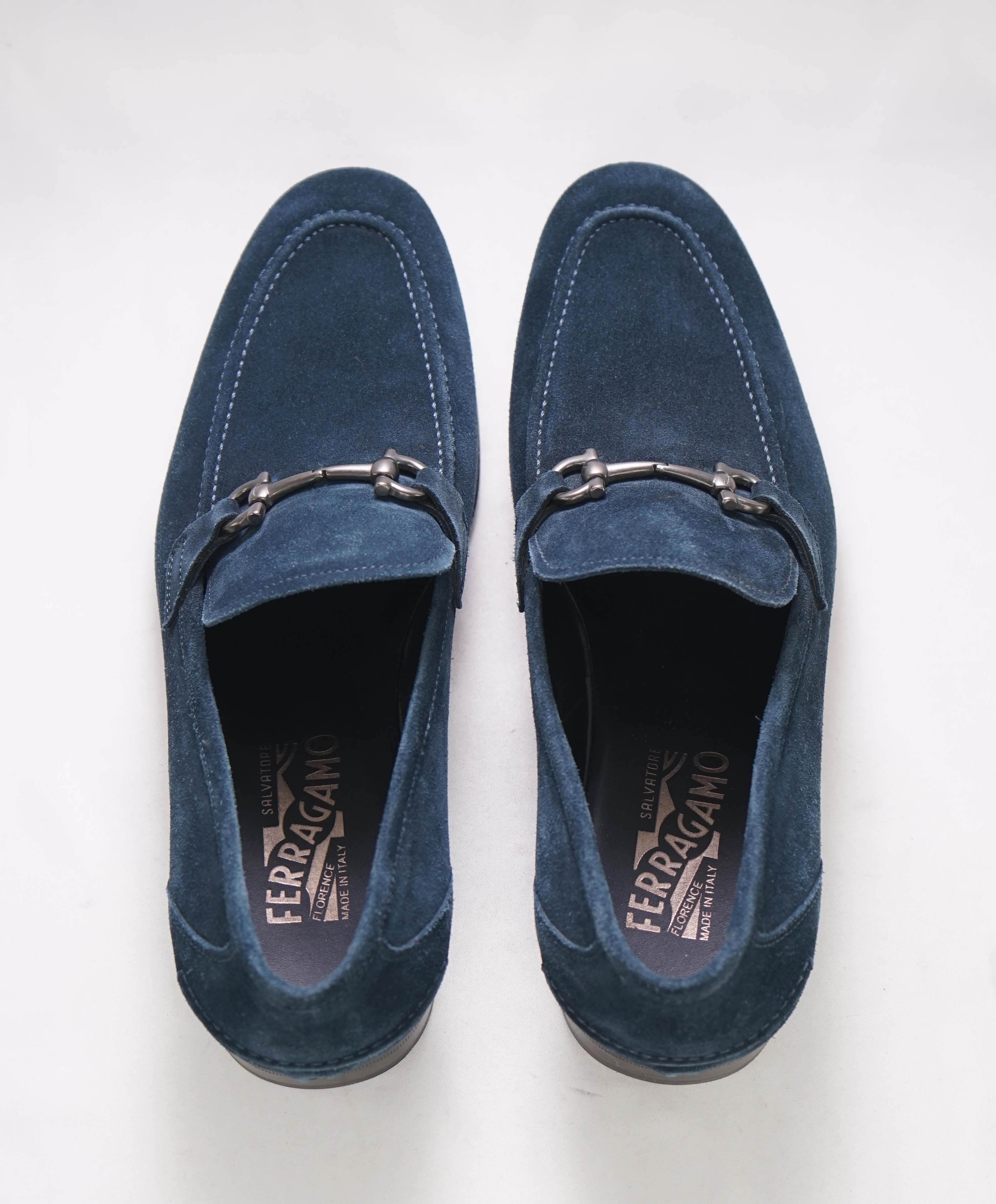 $850 SALVATORE FERRAGAMO - *TAPAS* Blue Suede Gancini Bit Loafer - 9.5 US