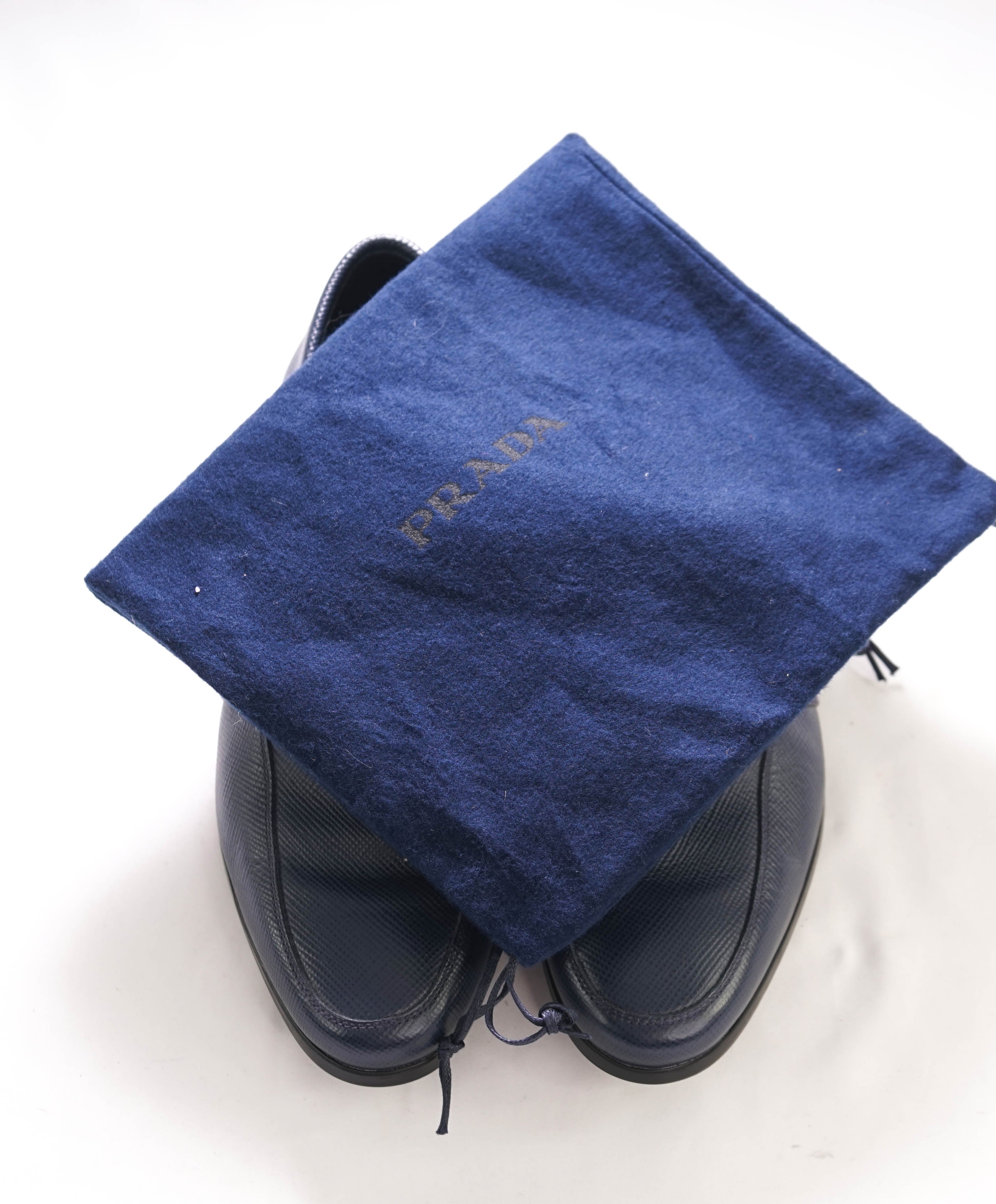 $950 PRADA - Navy Saffiano Leather Penny Loafers - 7 US (6 Prada)