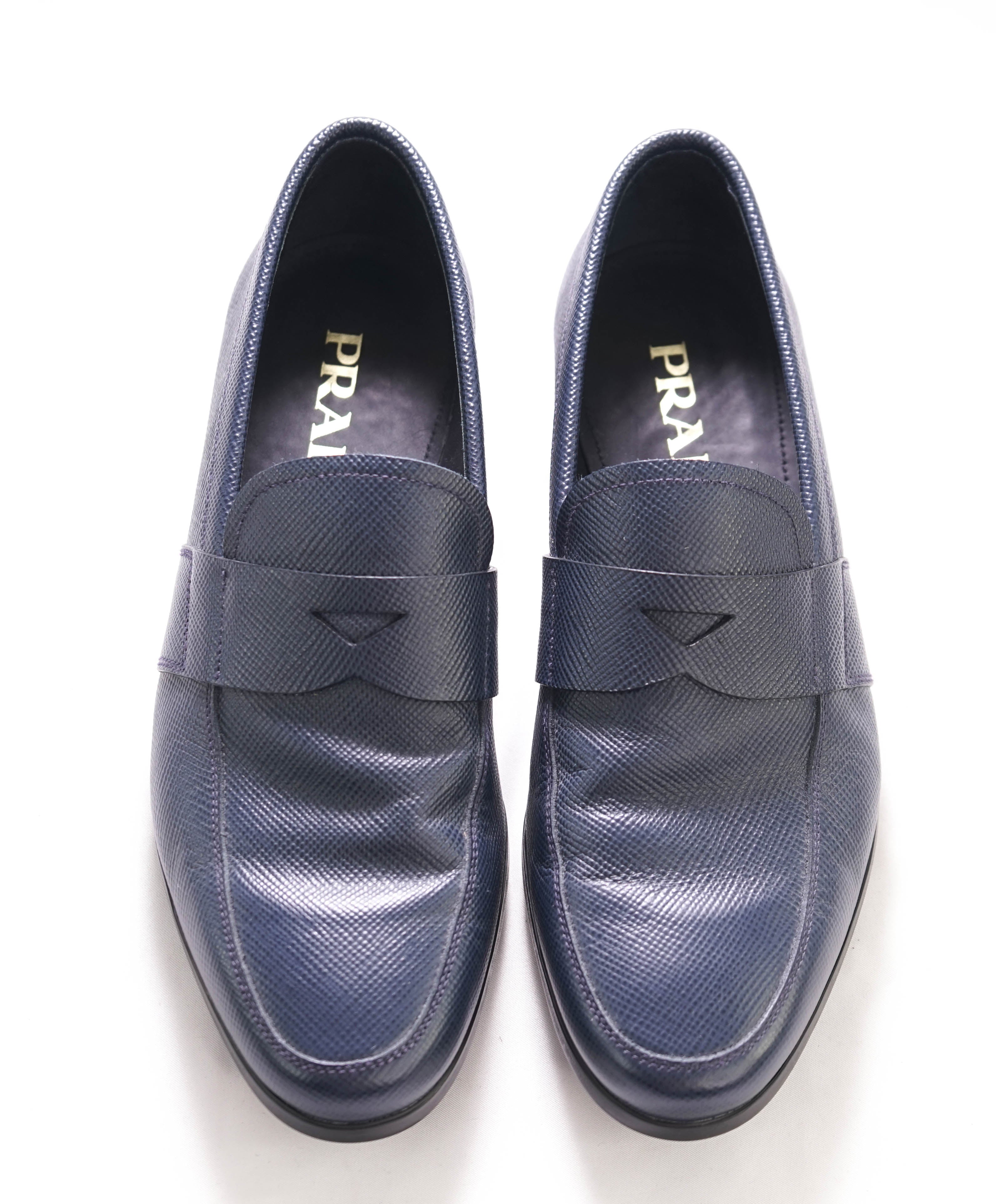 $950 PRADA - Navy Saffiano Leather Penny Loafers - 7 US (6 Prada)