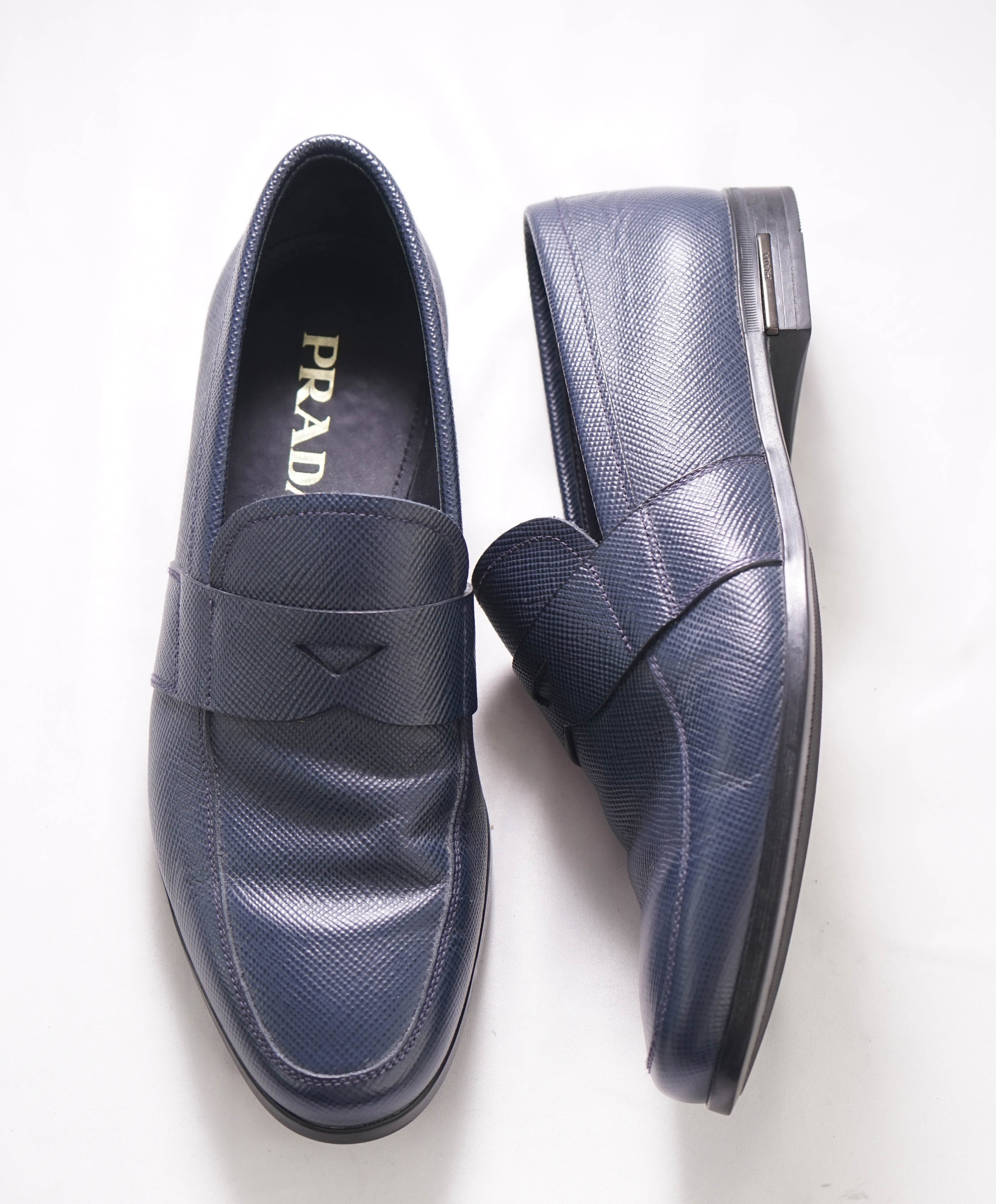 $950 PRADA - Navy Saffiano Leather Penny Loafers - 7 US (6 Prada)