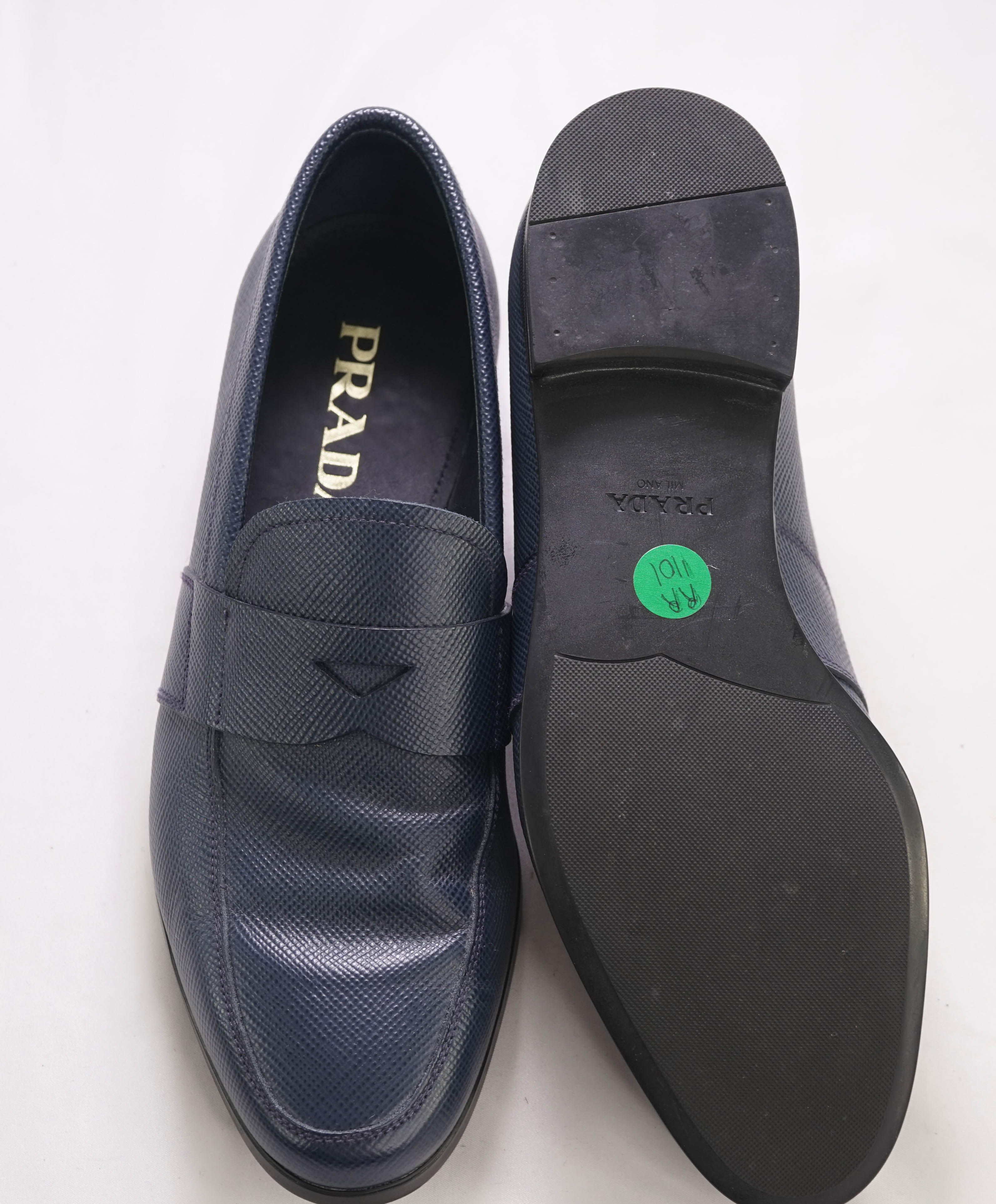 $950 PRADA - Navy Saffiano Leather Penny Loafers - 7 US (6 Prada)