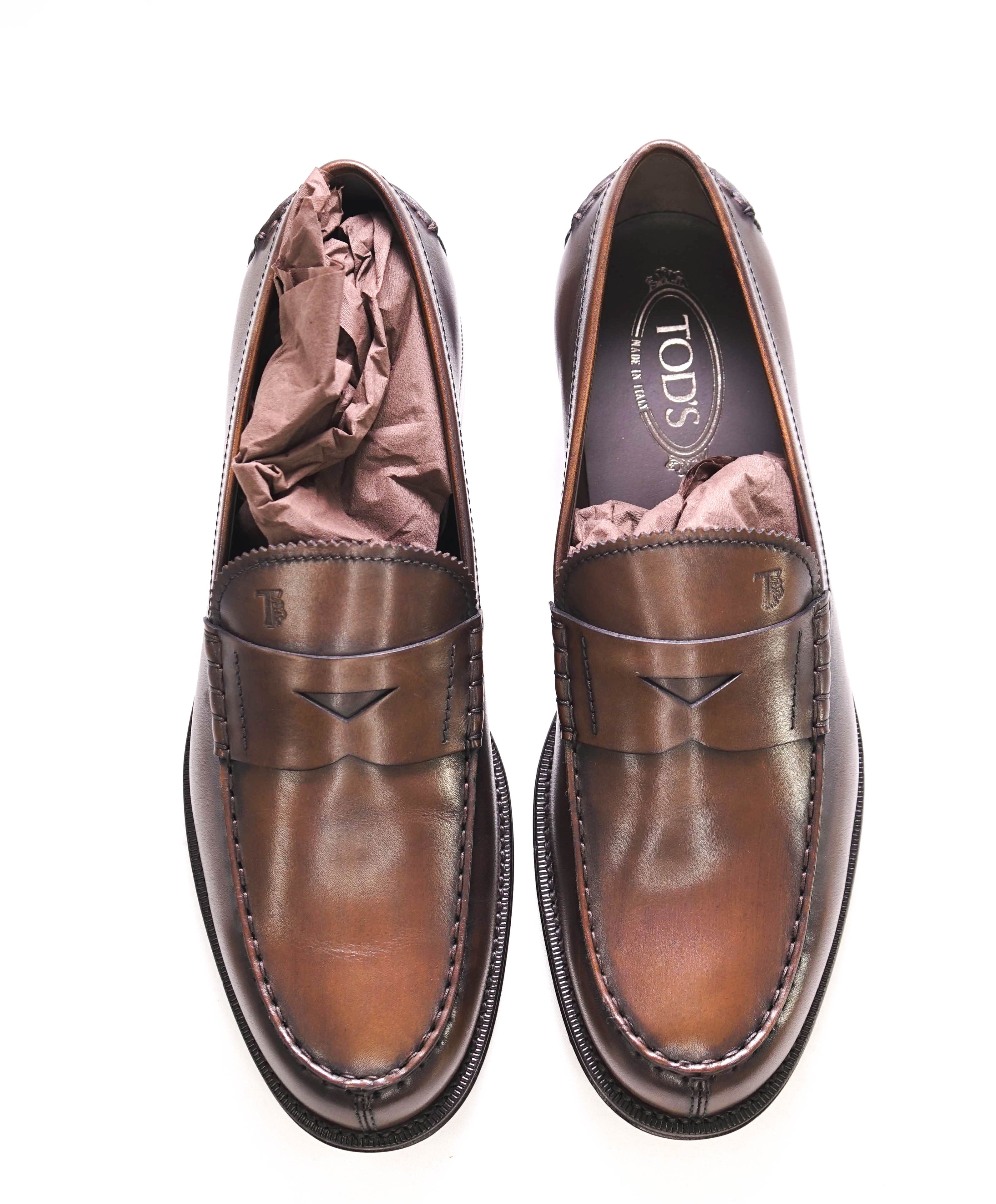 TOD’S - “Boston” Brown Patina Logo Embossed Vamp Penny Loafers - 11 US (10 T)