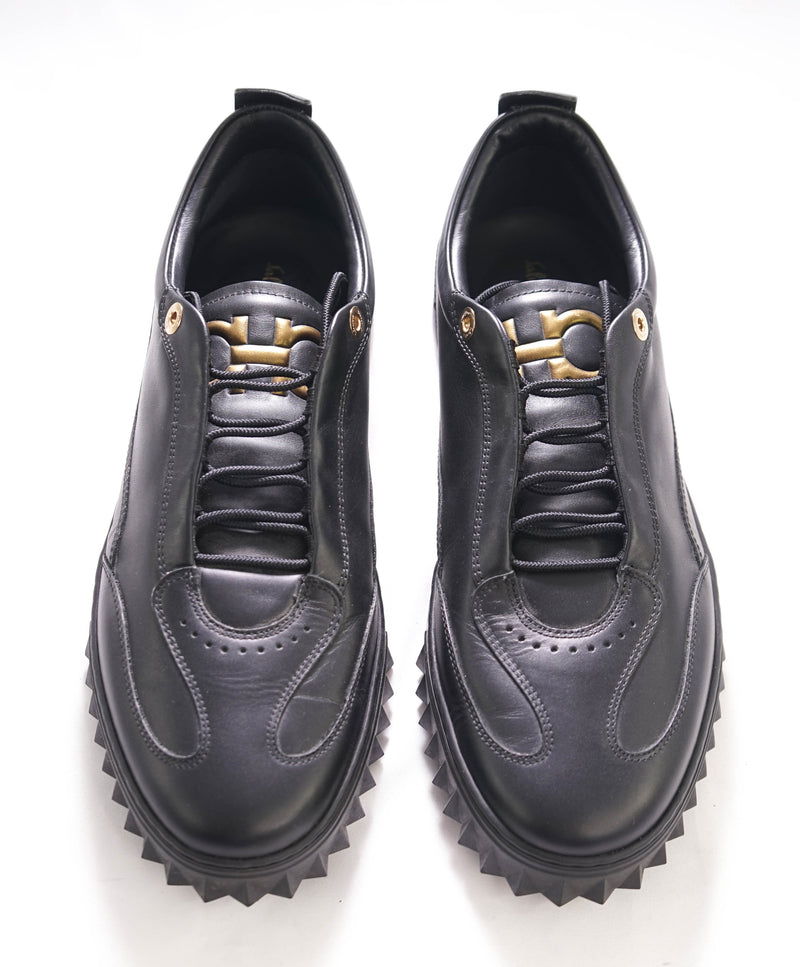 $750 SALVATORE FERRAGAMO - Black Gold Gancini Sneaker - 10 US