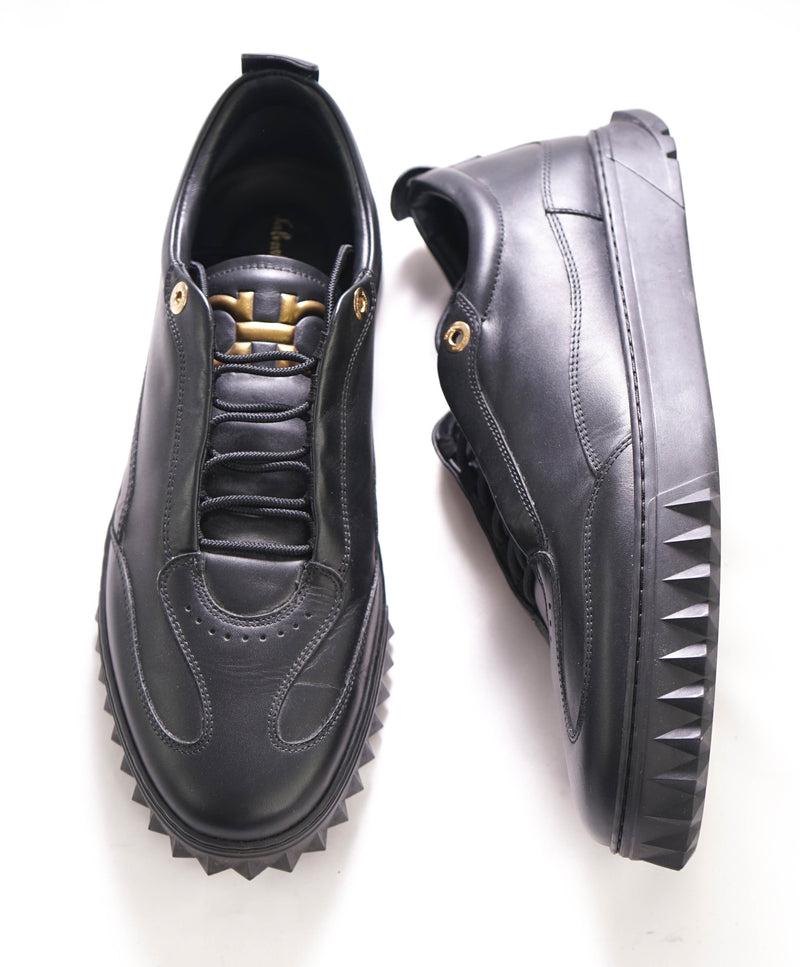 $750 SALVATORE FERRAGAMO - Black Gold Gancini Sneaker - 10 US