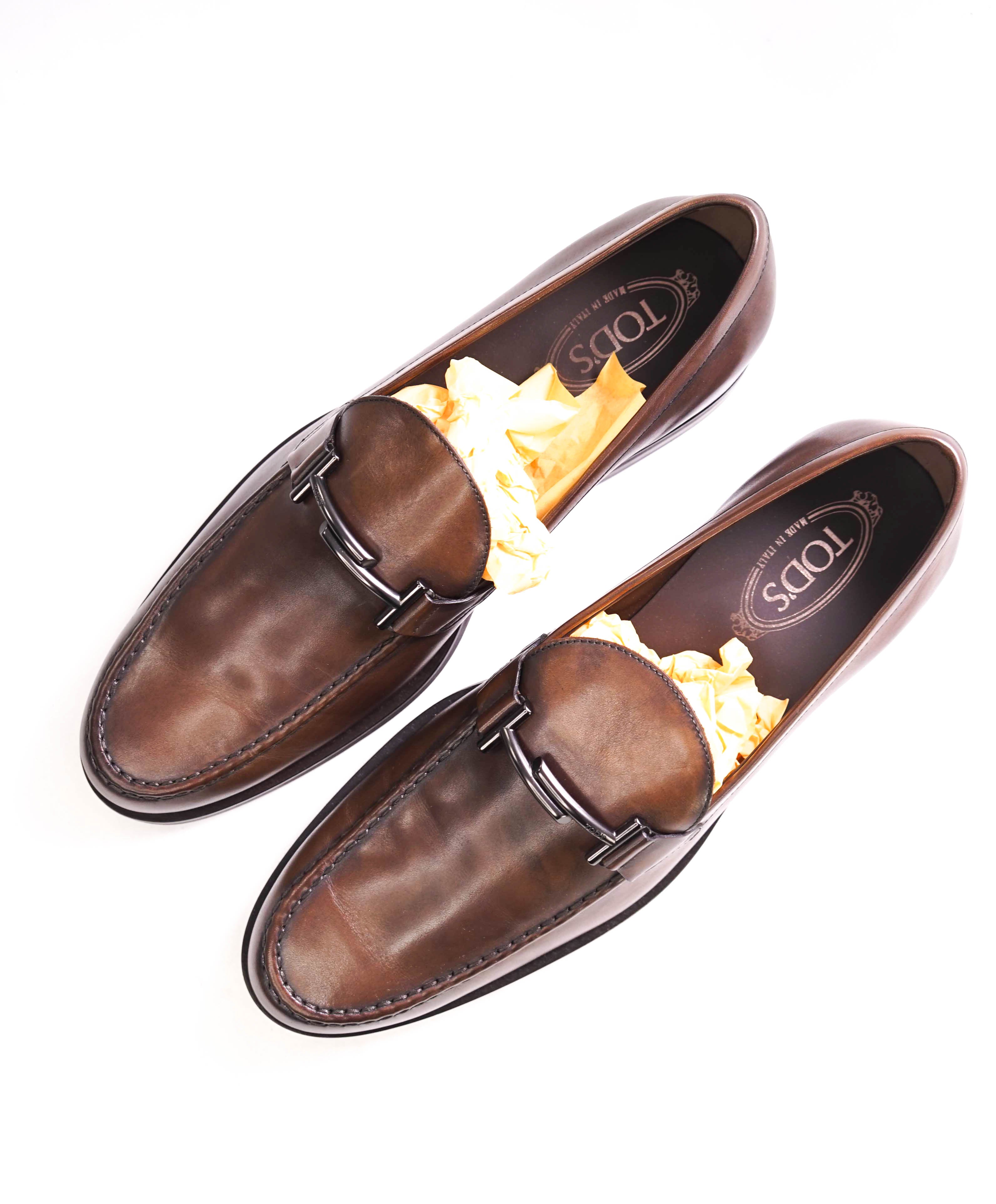 TOD’S - “Boston” Brown Logo Embossed Logo Vamp Bit Loafers - 12.5 US (11.5 T)