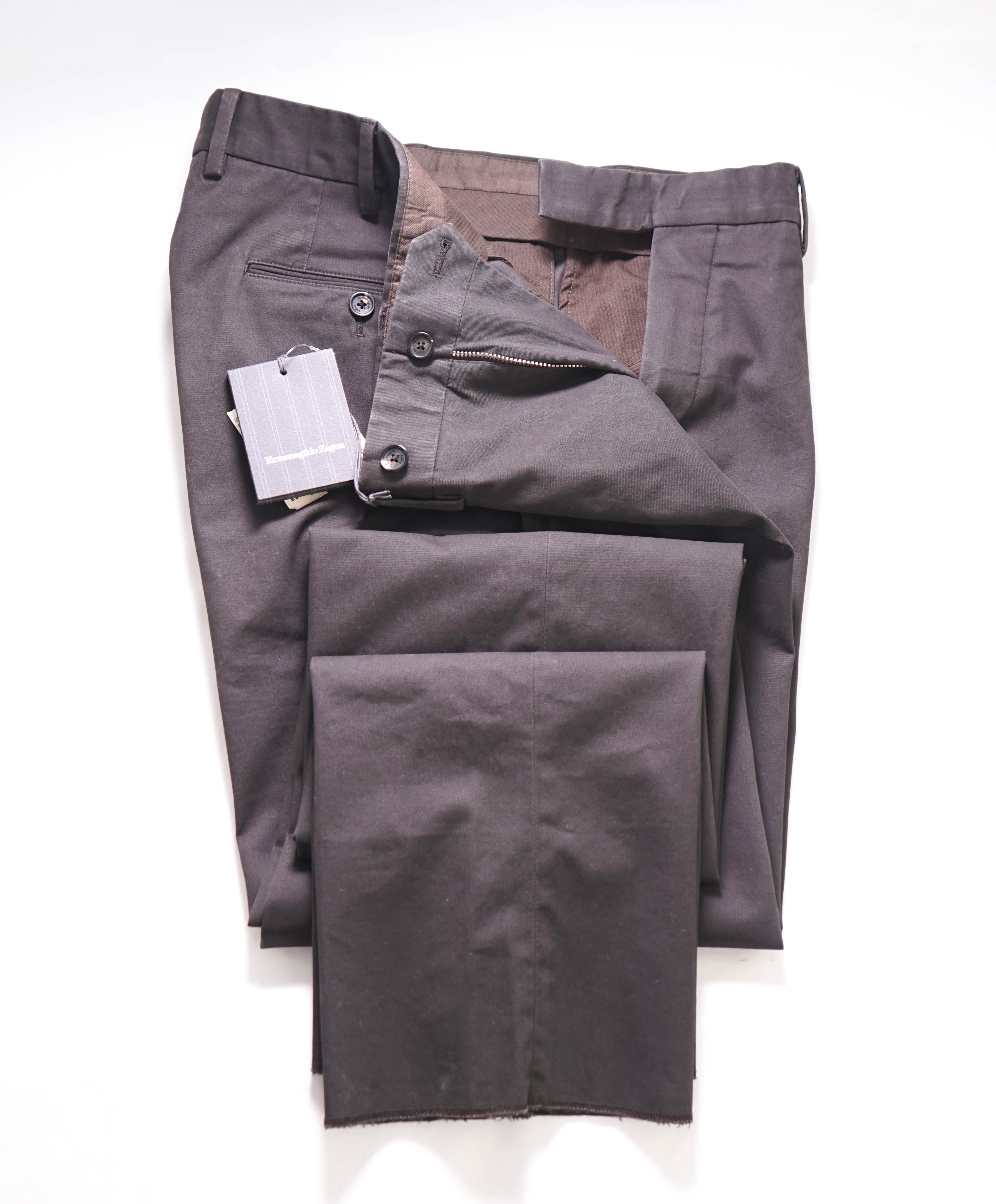 ERMENEGILDO ZEGNA - Charcoal/Brown Cotton/Elastane Chino Flat Front Pants - 34W