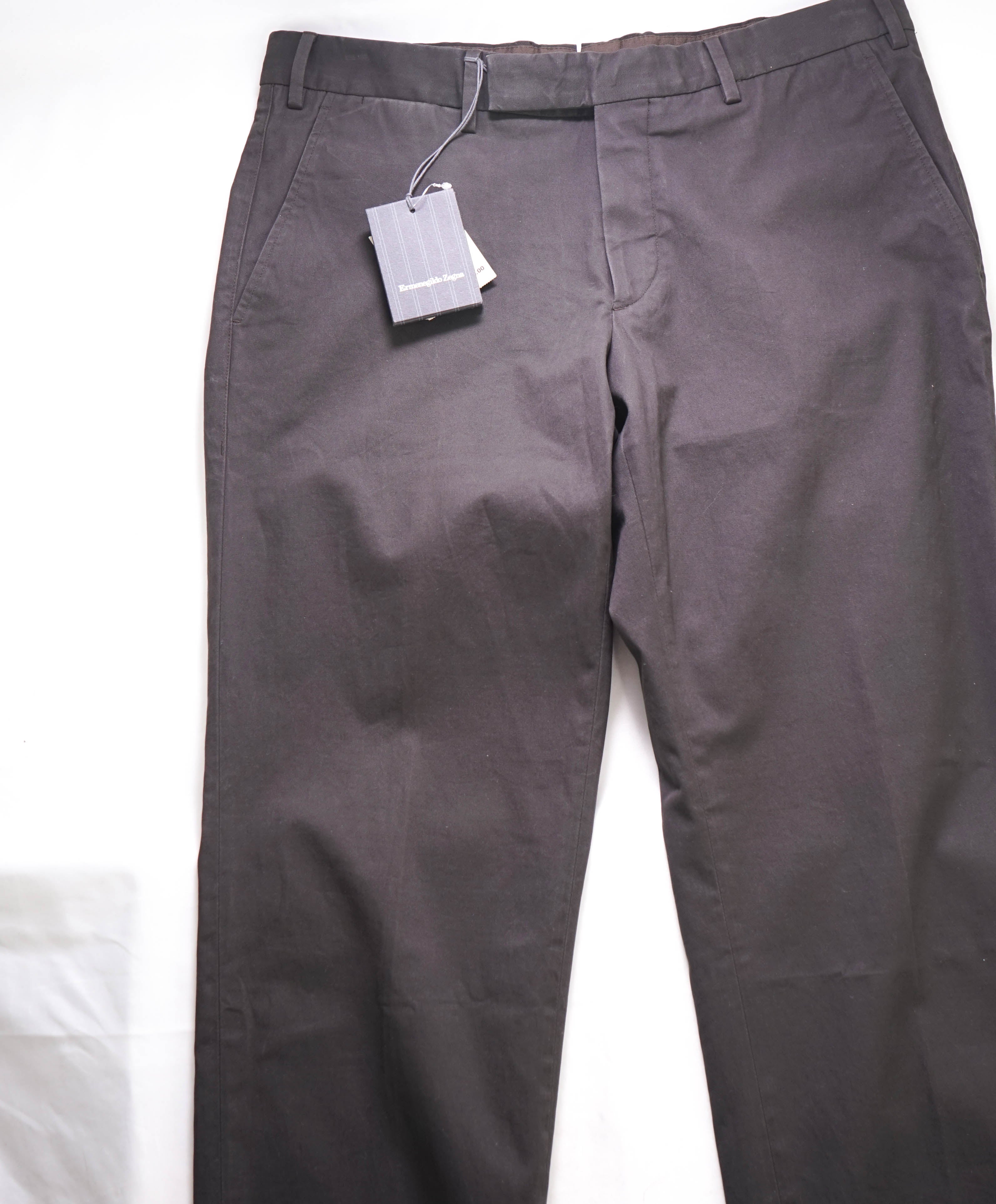 ERMENEGILDO ZEGNA - Charcoal/Brown Cotton/Elastane Chino Flat Front Pants - 34W