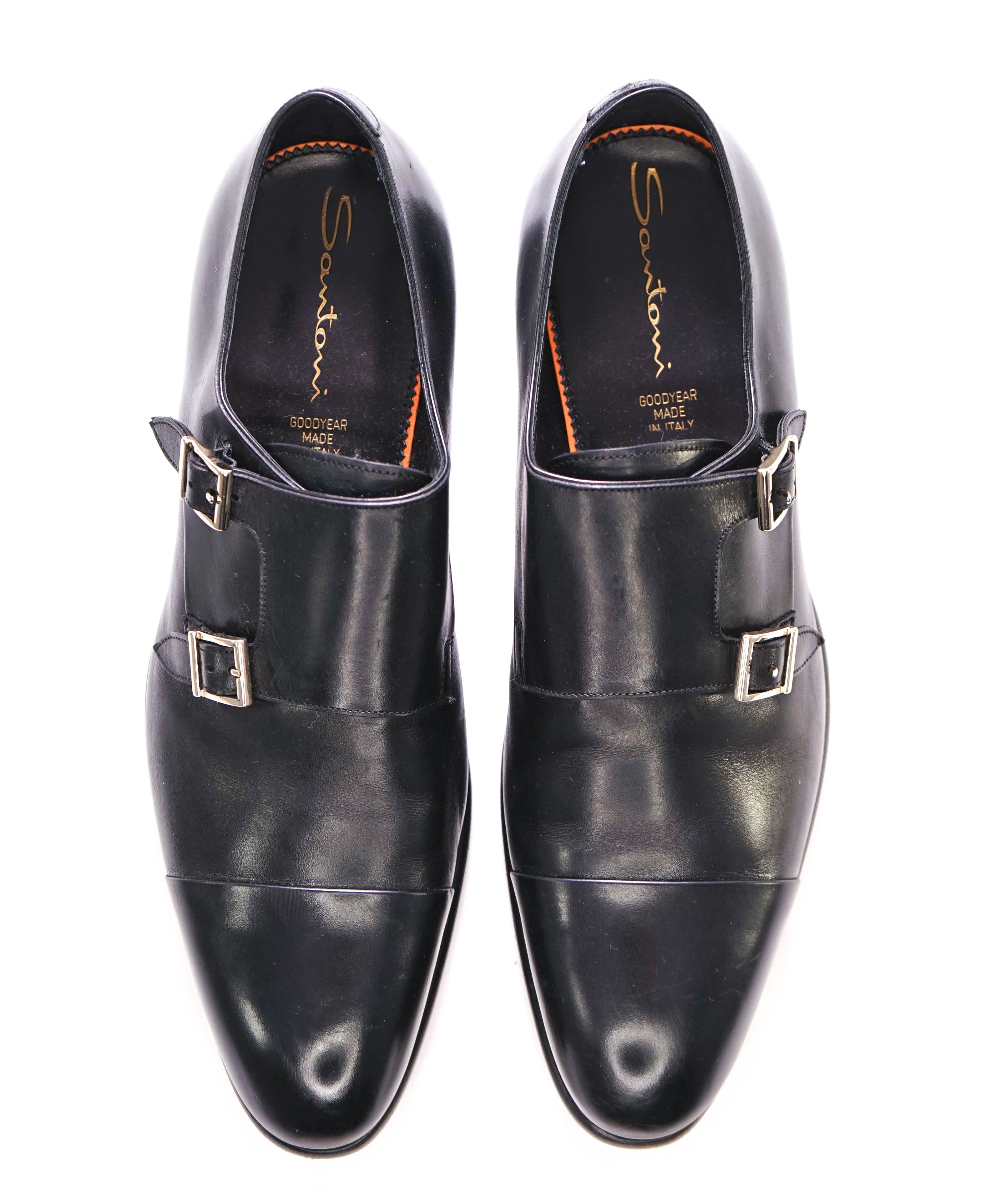 $1,595 SANTONI - "GOODYEAR” Black Monk Strap Loafers - 13 US (12 IT)