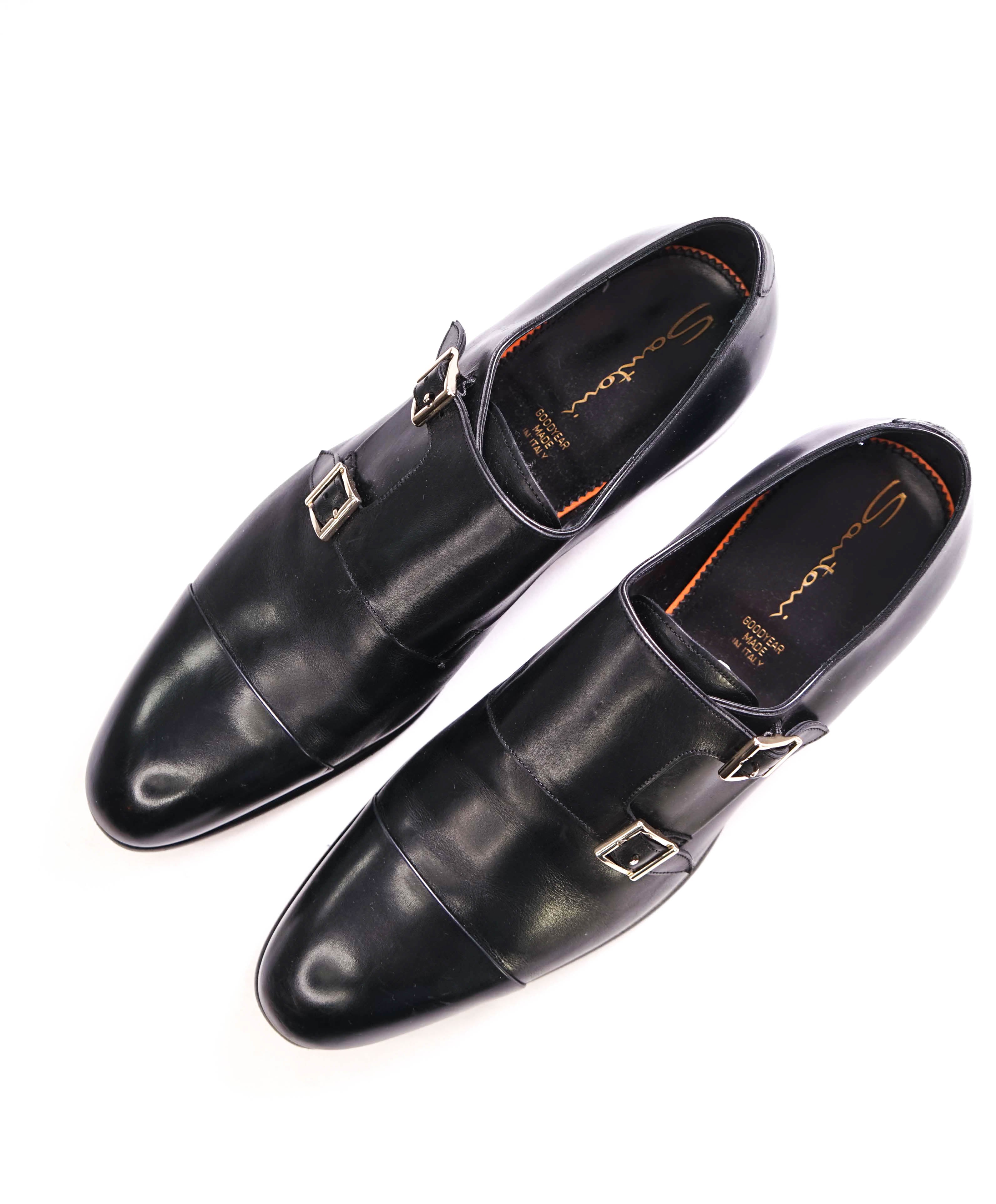 $1,595 SANTONI - "GOODYEAR” Black Monk Strap Loafers - 13 US (12 IT)