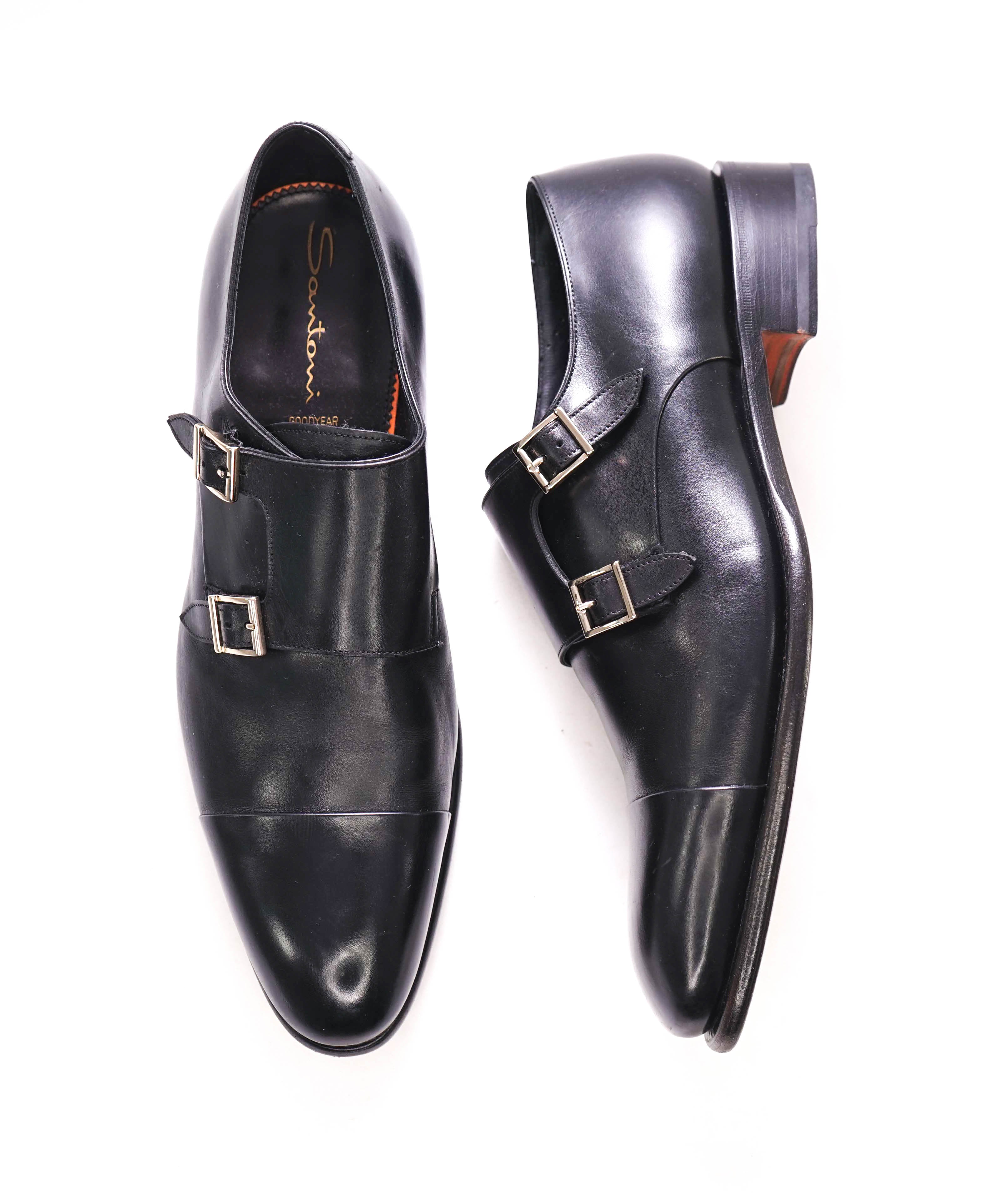 $1,595 SANTONI - "GOODYEAR” Black Monk Strap Loafers - 13 US (12 IT)