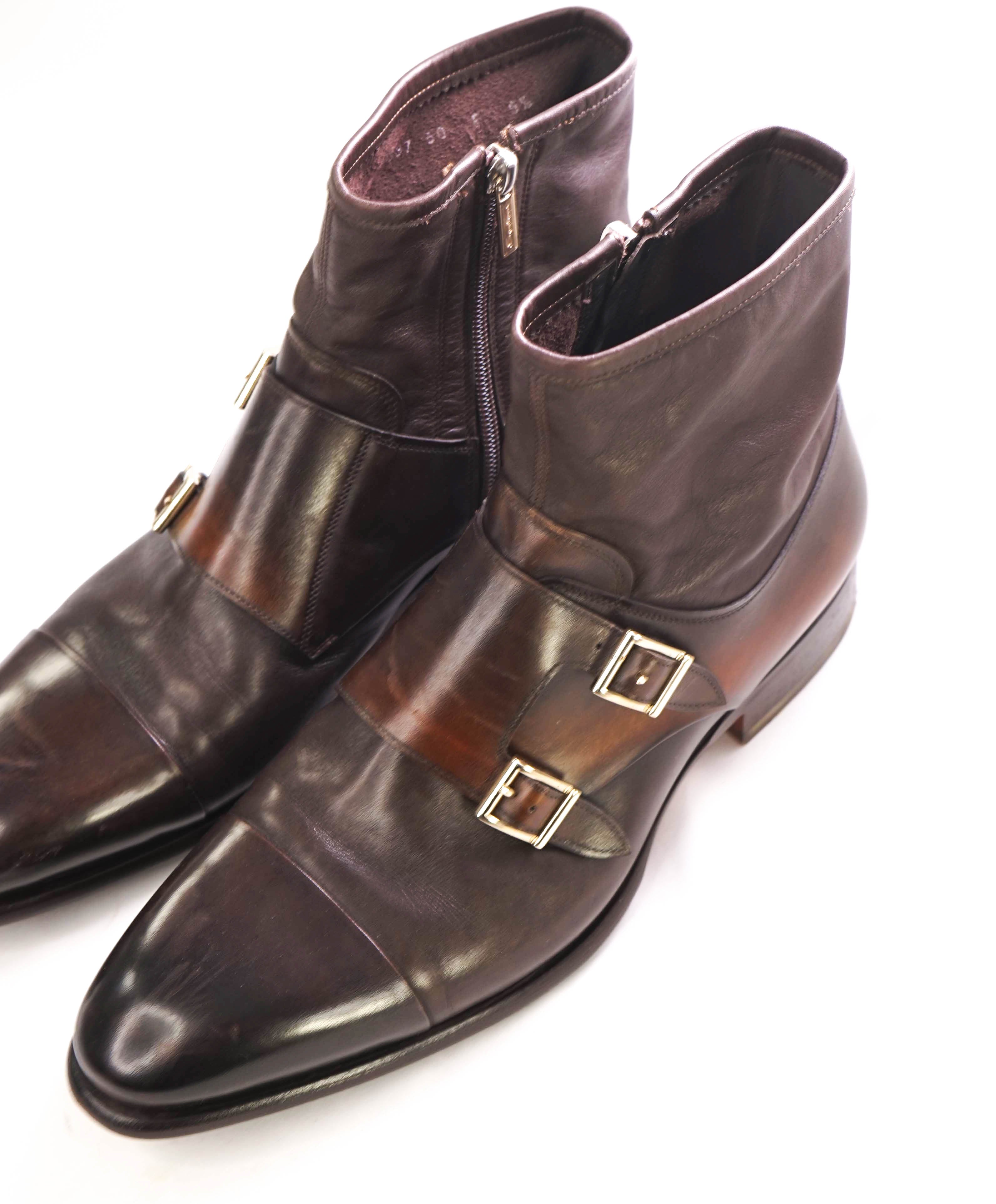 $1,495 SANTONI - Brown *GOODYEAR* Almond-Toe Double Monk Zip Boot - 10.5 US (9.5 IT)