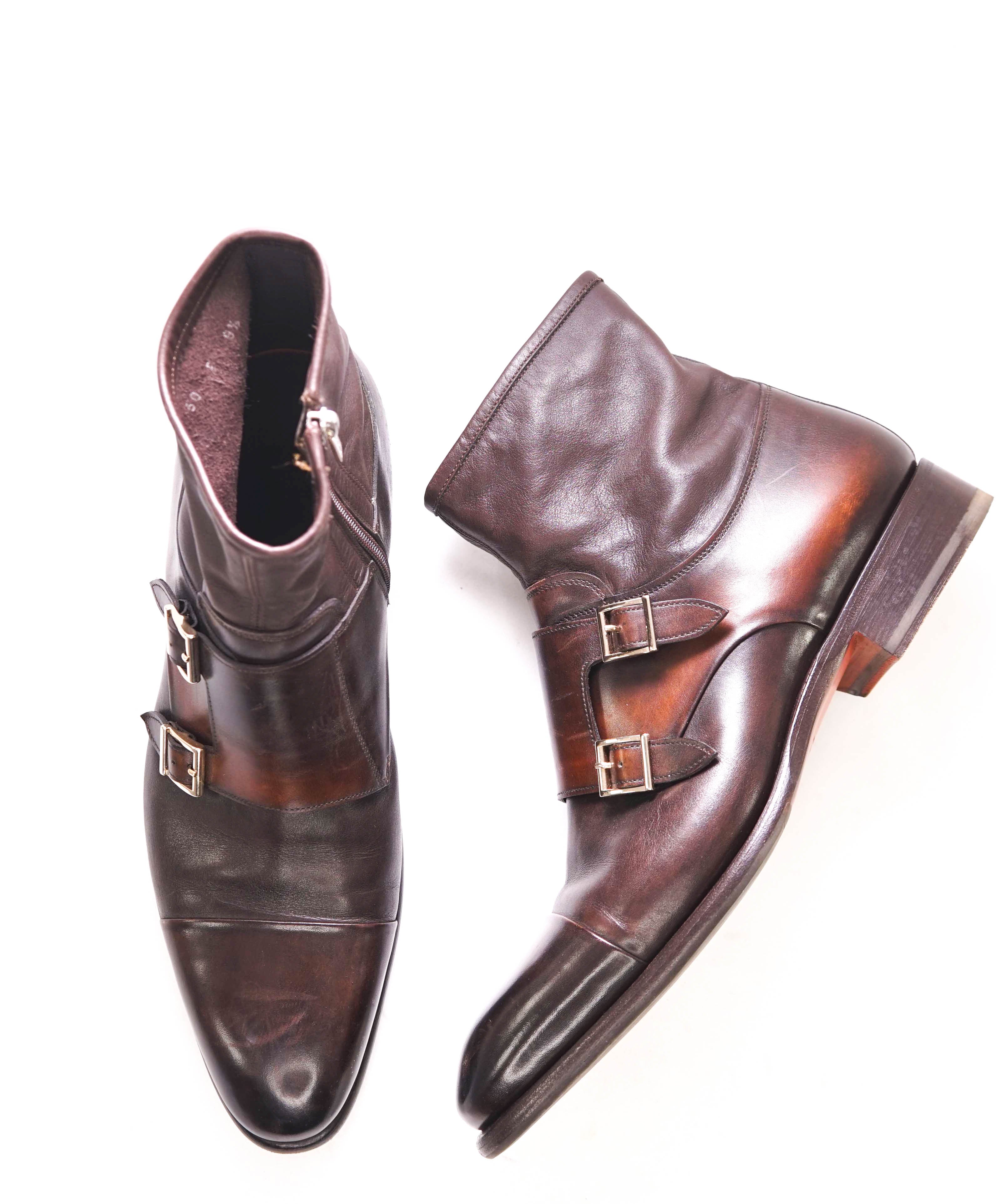 $1,495 SANTONI - Brown *GOODYEAR* Almond-Toe Double Monk Zip Boot - 10.5 US (9.5 IT)