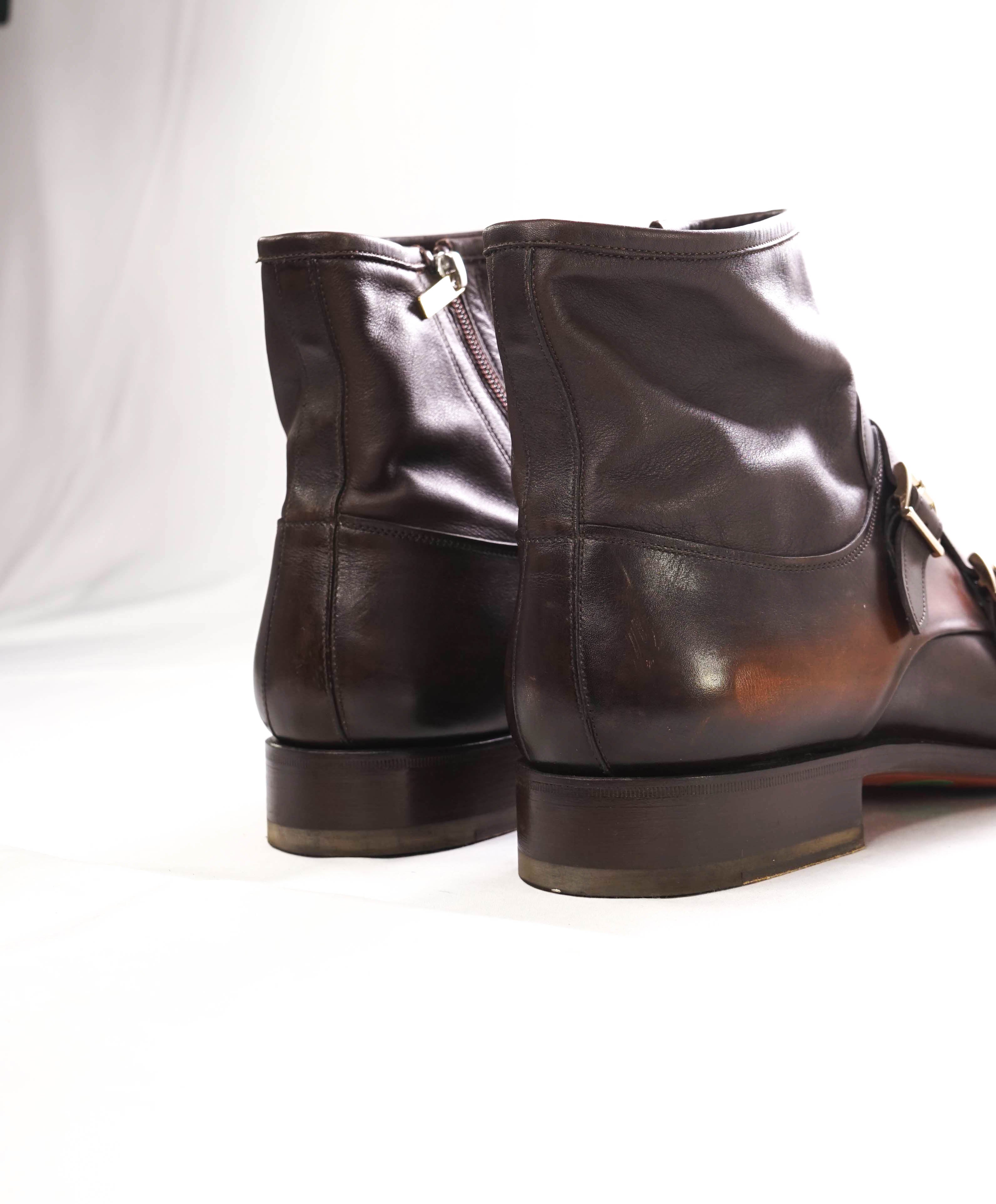 $1,495 SANTONI - Brown *GOODYEAR* Almond-Toe Double Monk Zip Boot - 10.5 US (9.5 IT)