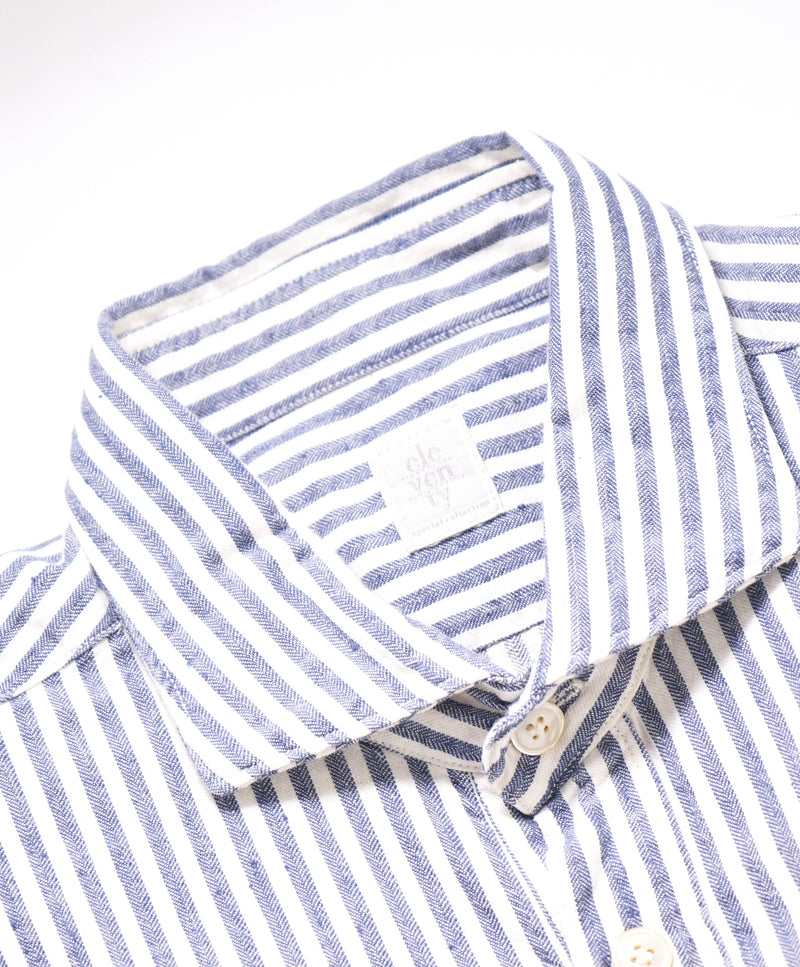 $445 ELEVENTY - Popover Cotton (linen feel) Ivory/Blue Button Down Shirt - M