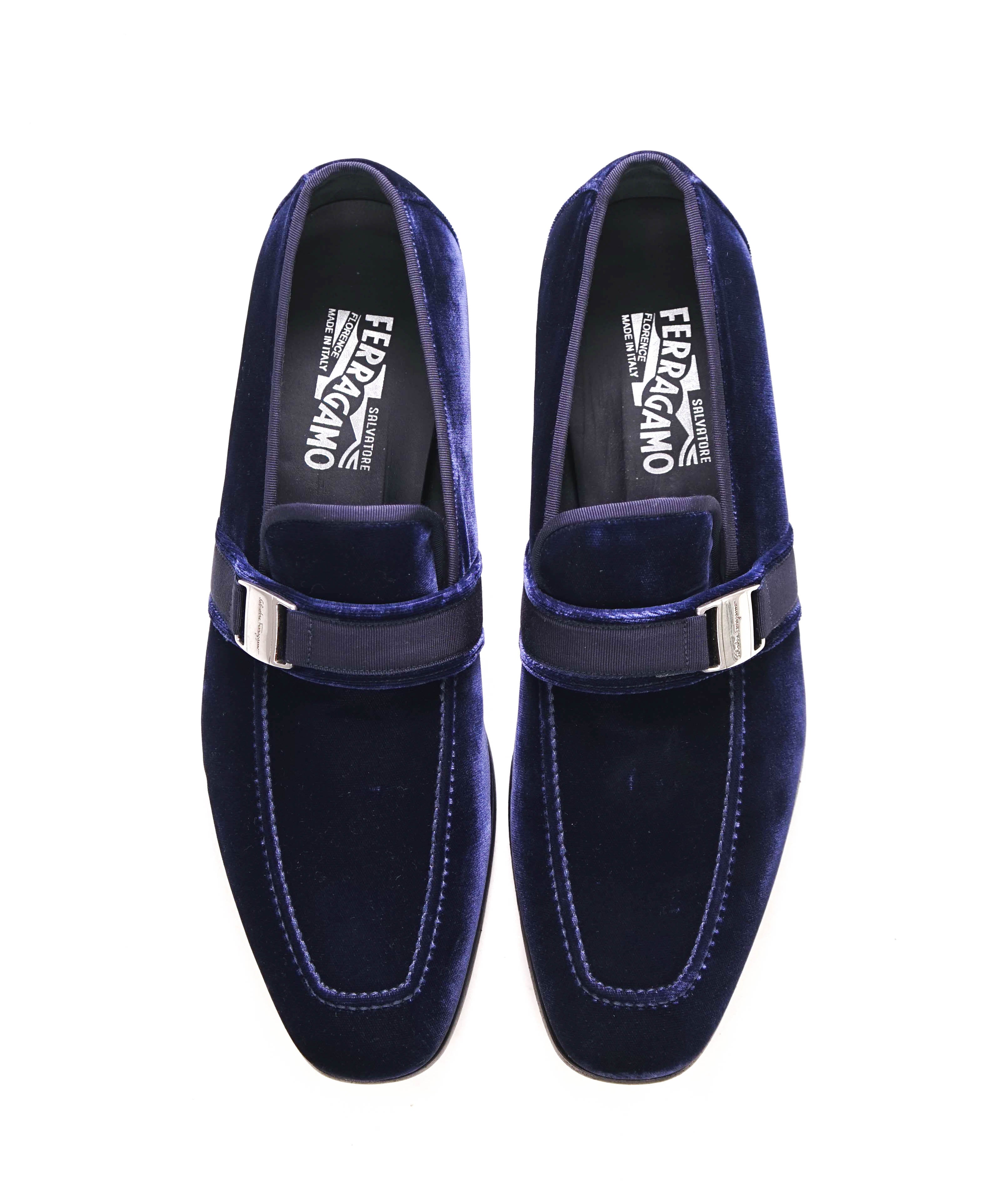 SALVATORE FERRAGAMO - Velvet "DANNY 2" Loafers Navy Blue Sardegna Buckle  - 12 D