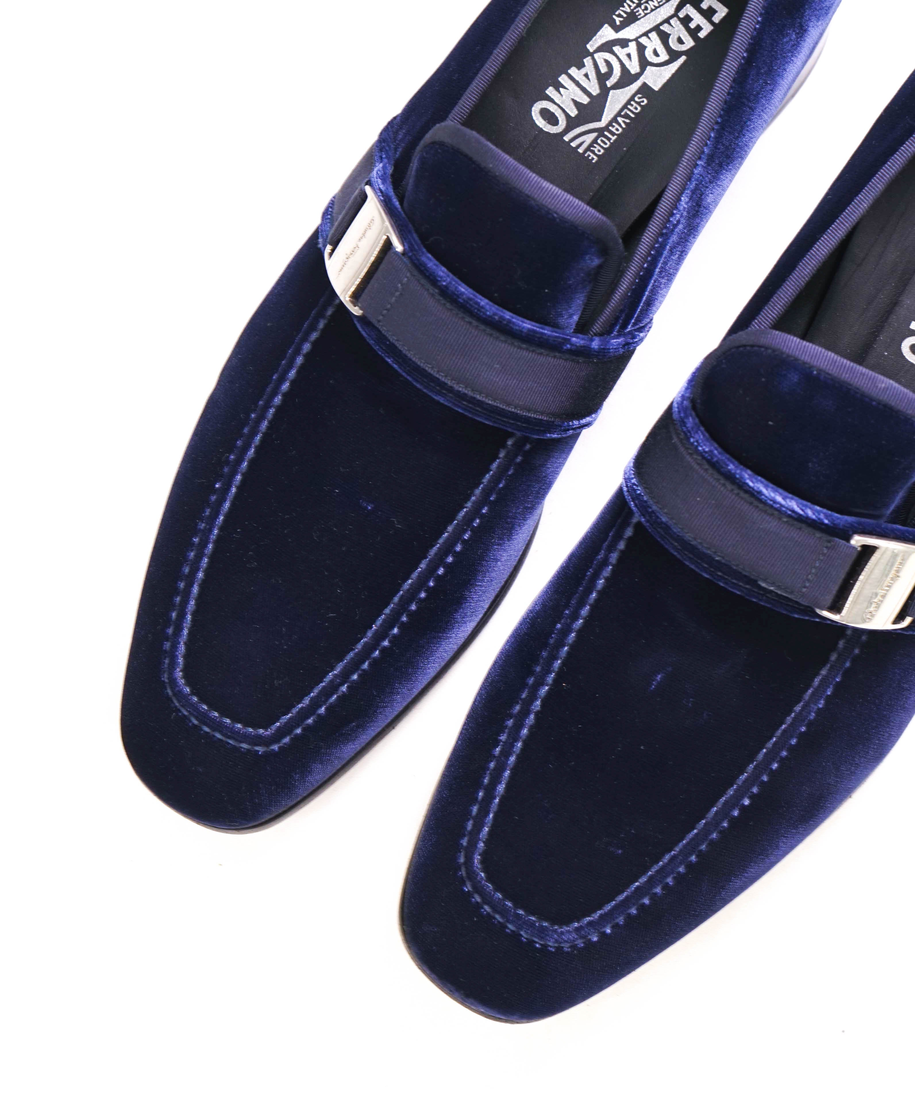 SALVATORE FERRAGAMO - Velvet "DANNY 2" Loafers Navy Blue Sardegna Buckle  - 12 D