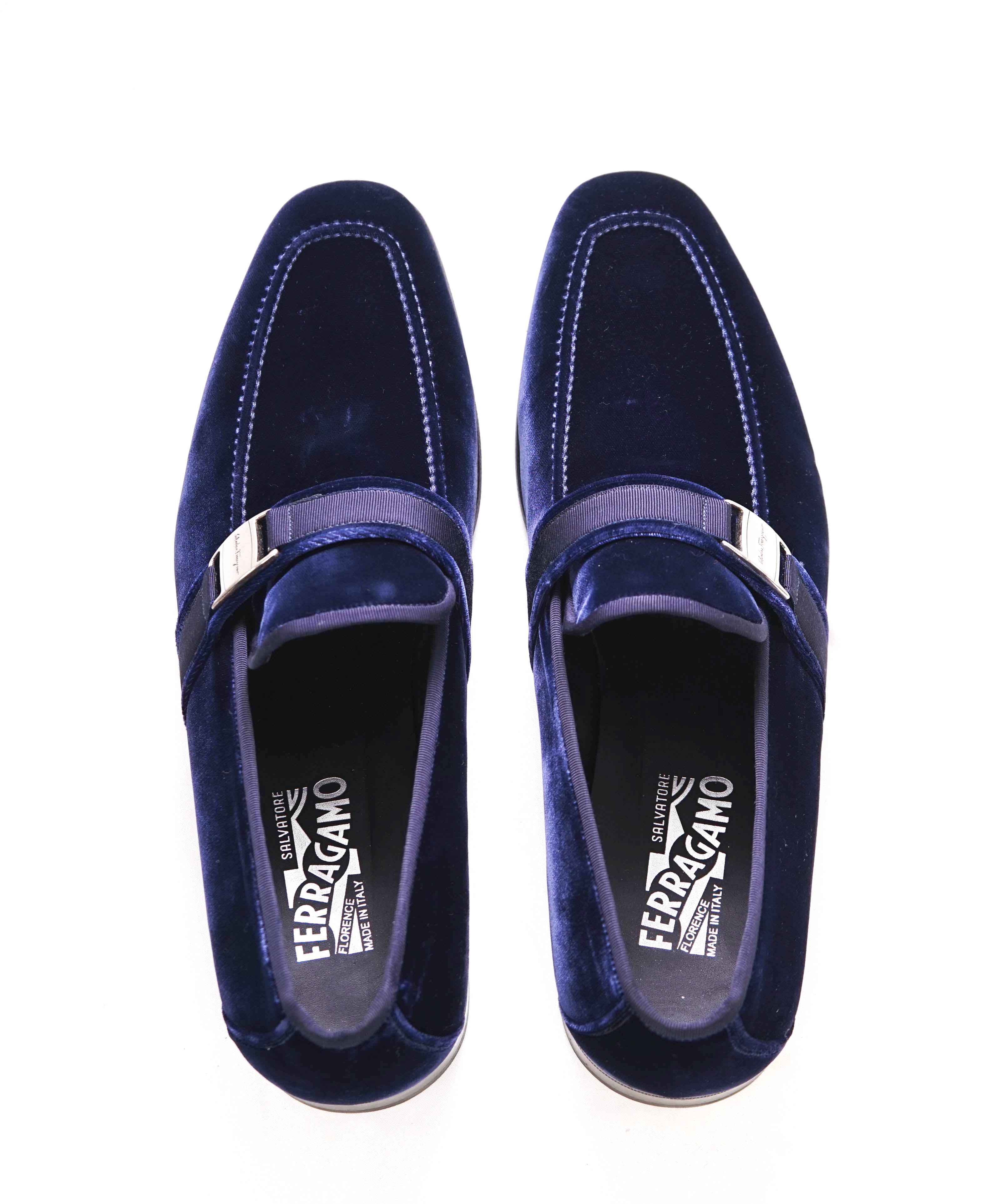 SALVATORE FERRAGAMO - Velvet "DANNY 2" Loafers Navy Blue Sardegna Buckle  - 12 D