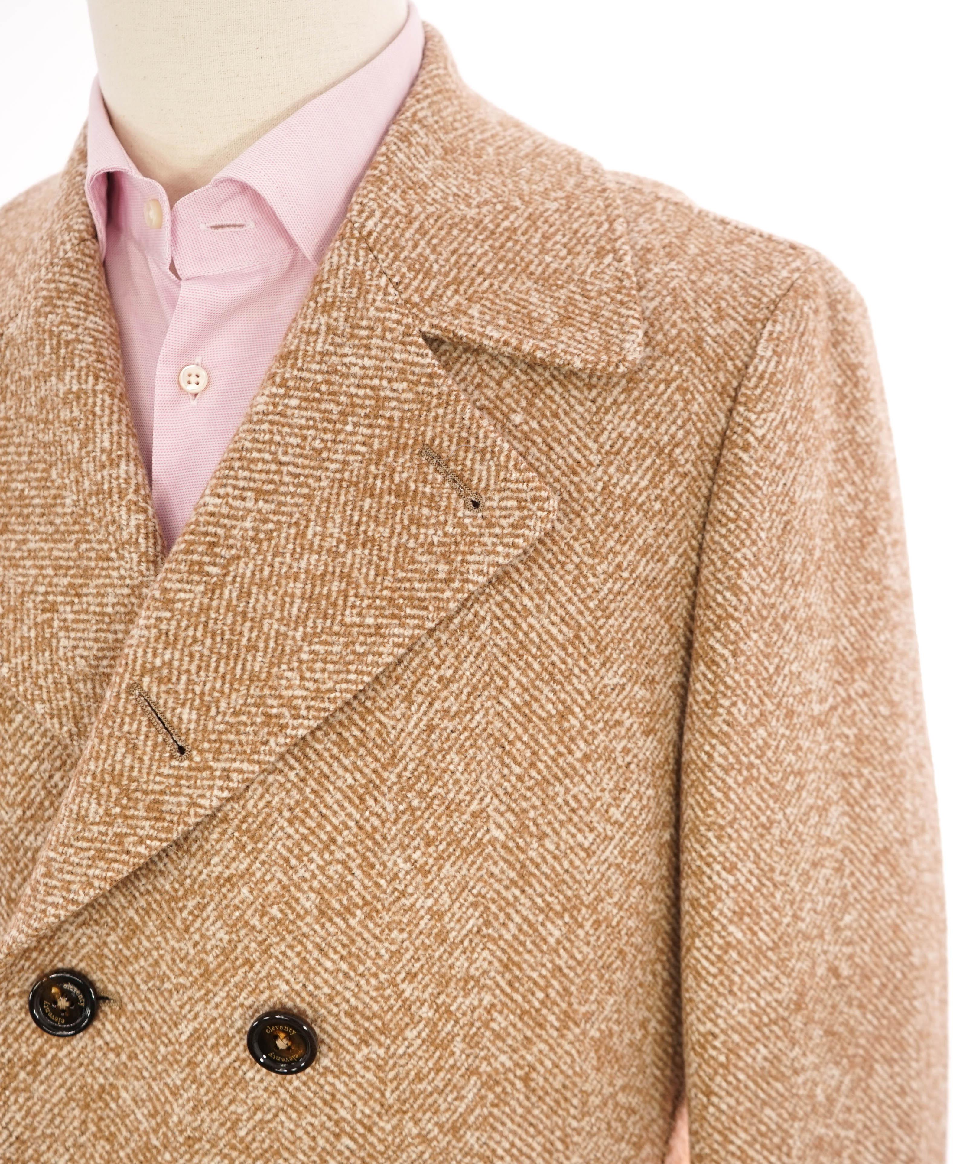 $2,995 ELEVENTY - WOOL/Linen Herringbone Camel Peacoat Coat- 40 (50EU)