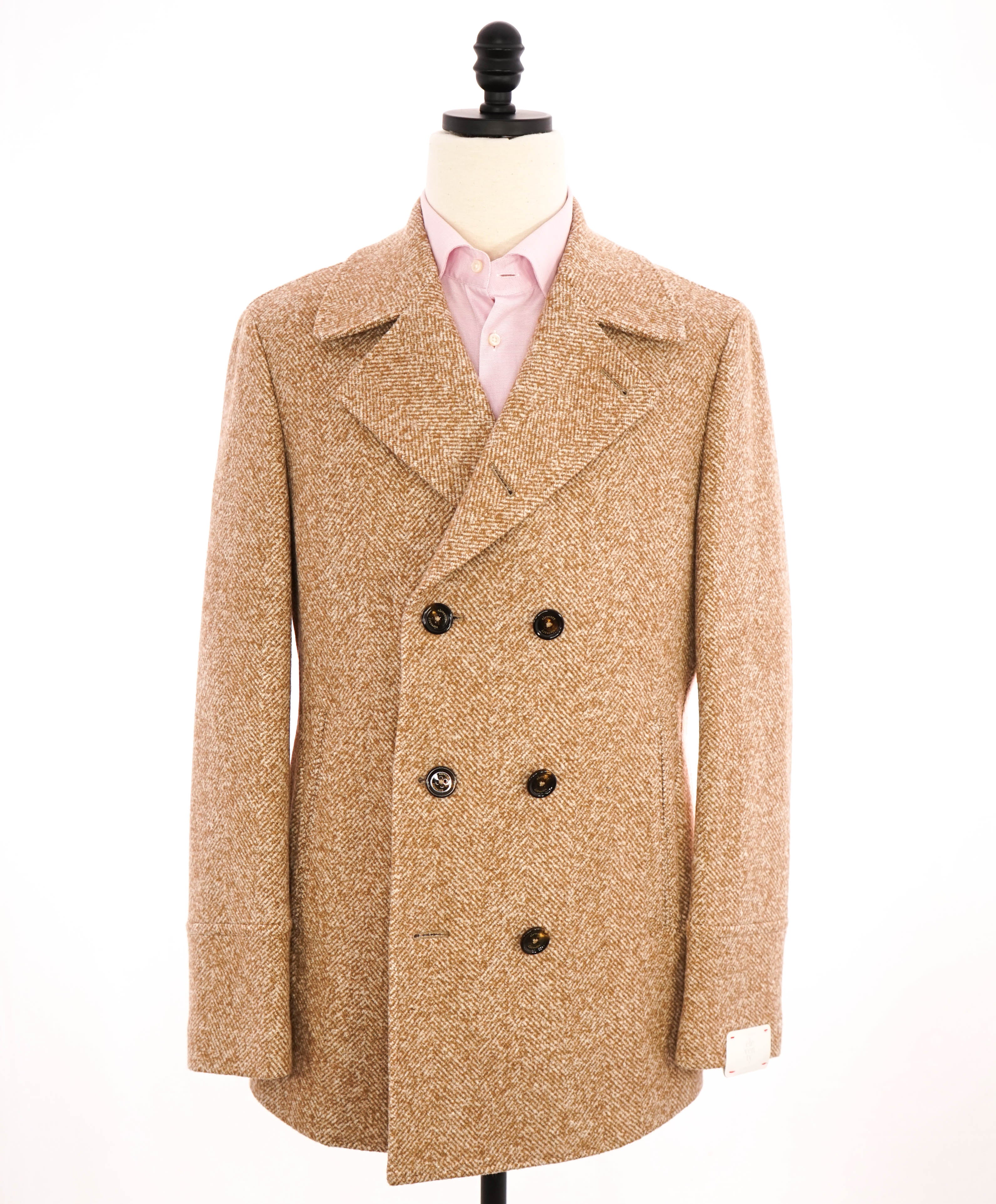 $2,995 ELEVENTY - WOOL/Linen Herringbone Camel Peacoat Coat- 40 (50EU)