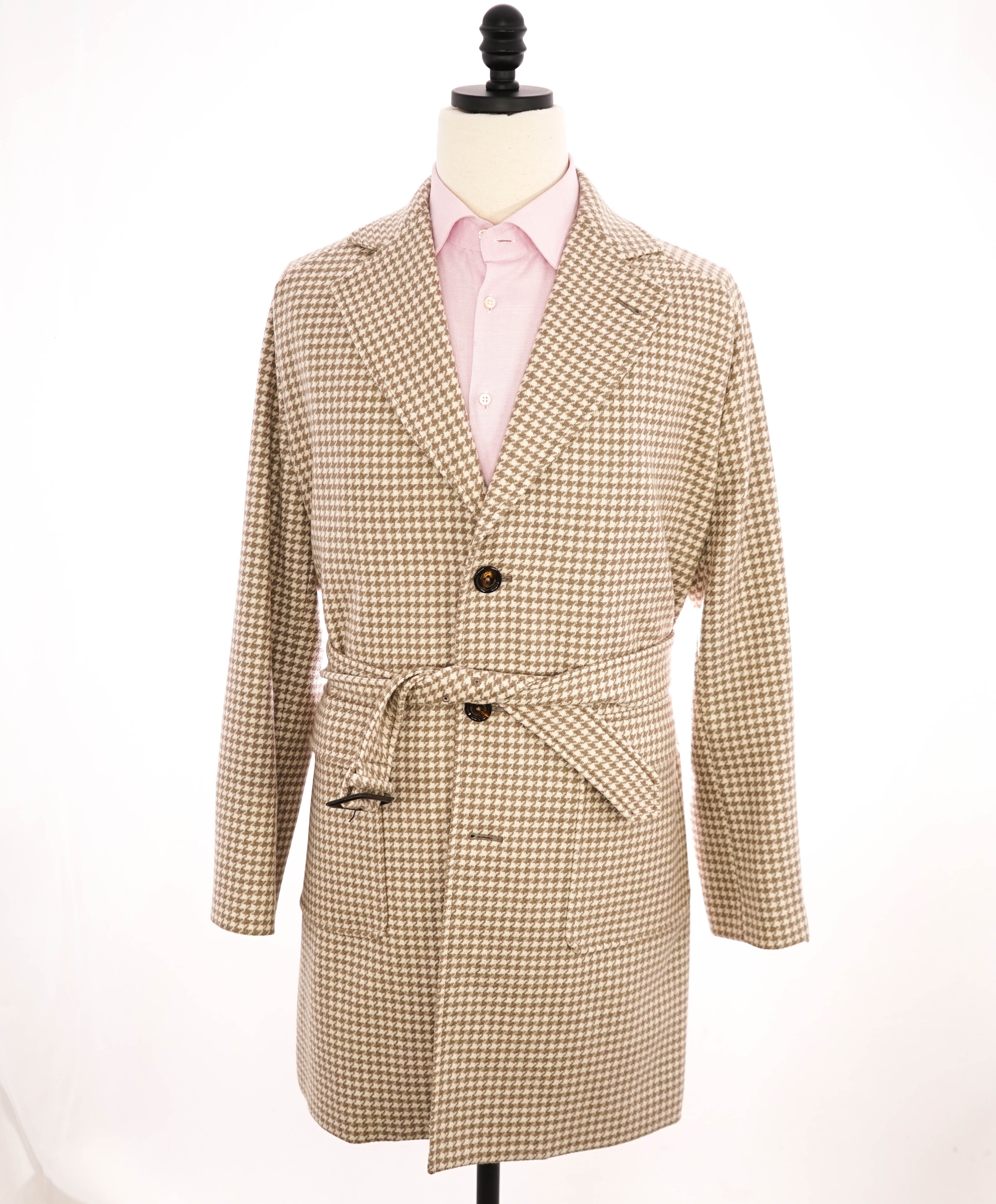 $2,995 ELEVENTY - PURE WOOL Houndstooth Neutral Long Belted Coat- 40 (50EU)