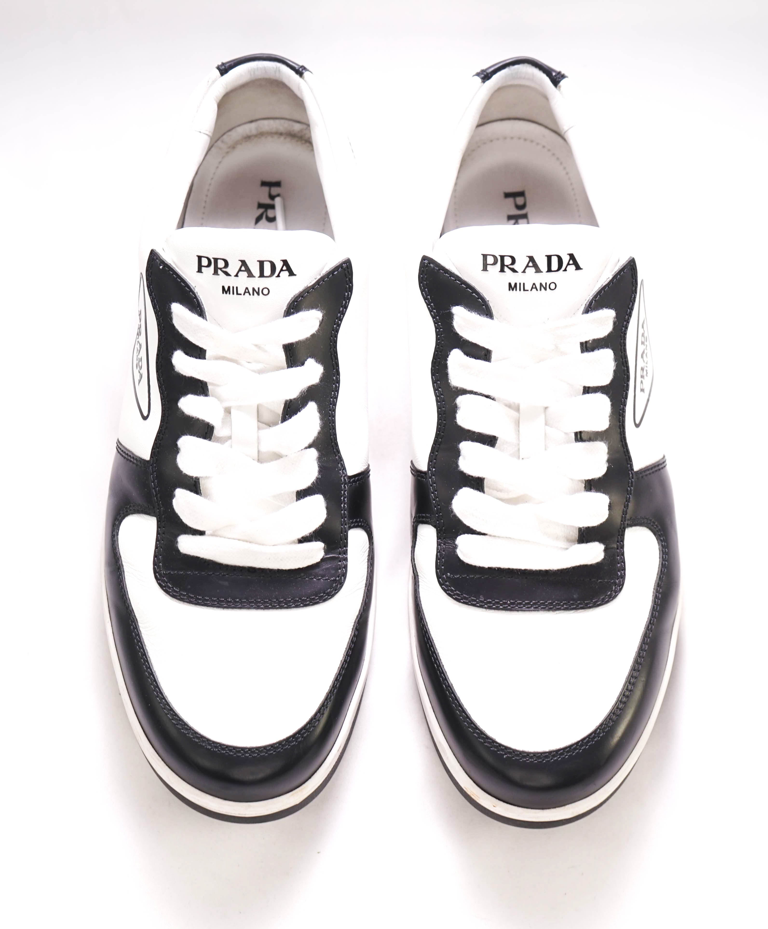 $1,100 PRADA - "DOWNTOWN" White/Black Leather Sneakers With Logo Detail - 12 US (11 IT)