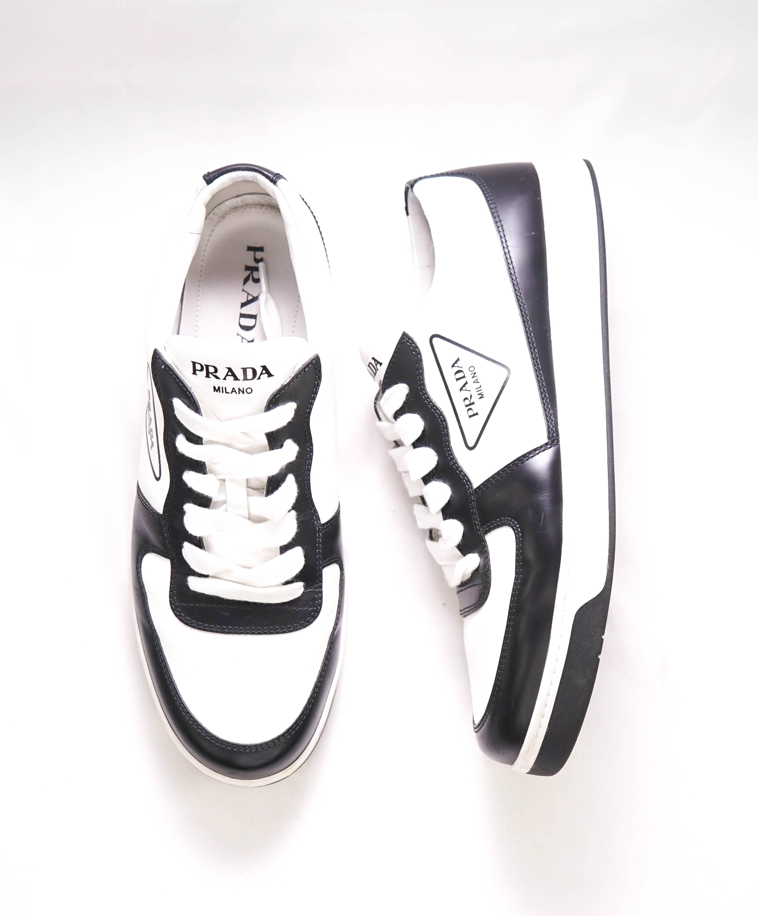 $1,100 PRADA - "DOWNTOWN" White/Black Leather Sneakers With Logo Detail - 12 US (11 IT)