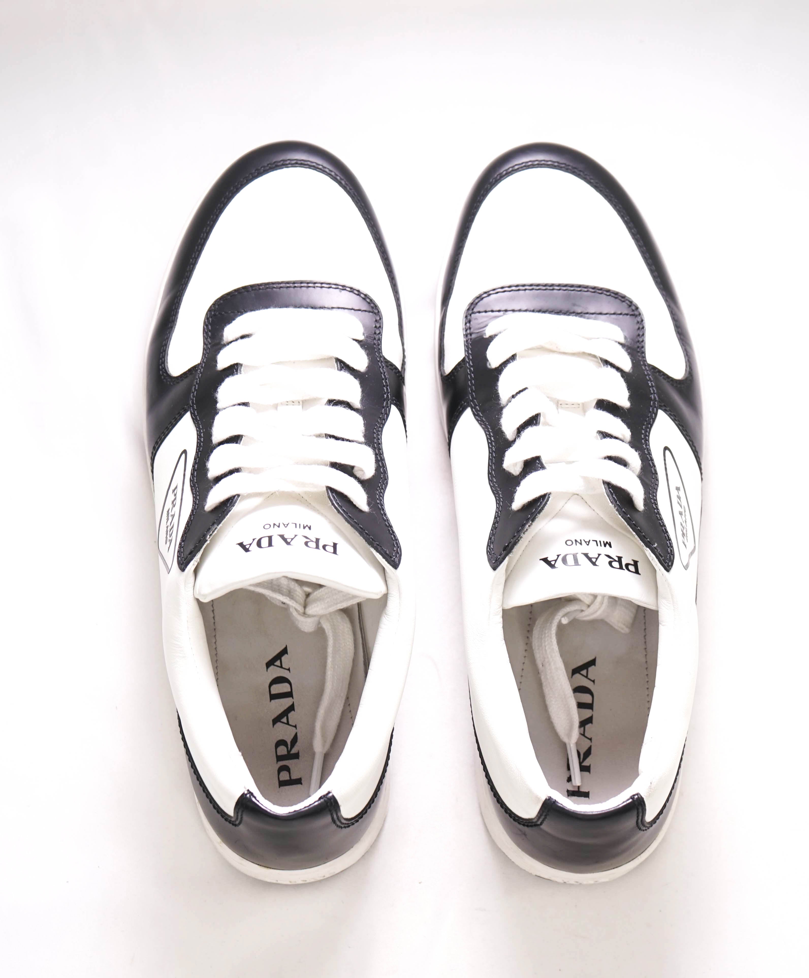 $1,100 PRADA - "DOWNTOWN" White/Black Leather Sneakers With Logo Detail - 12 US (11 IT)