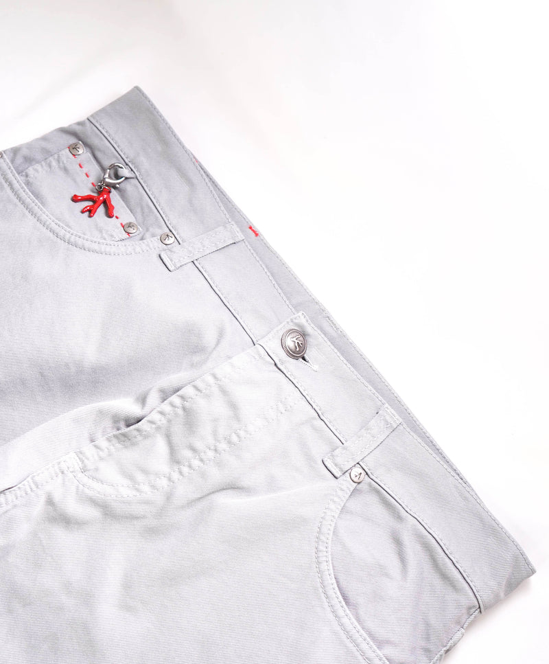 ISAIA - Pastel Gray LEATHER LOGO PATCH 5-Pocket Jeans Pants - 32W