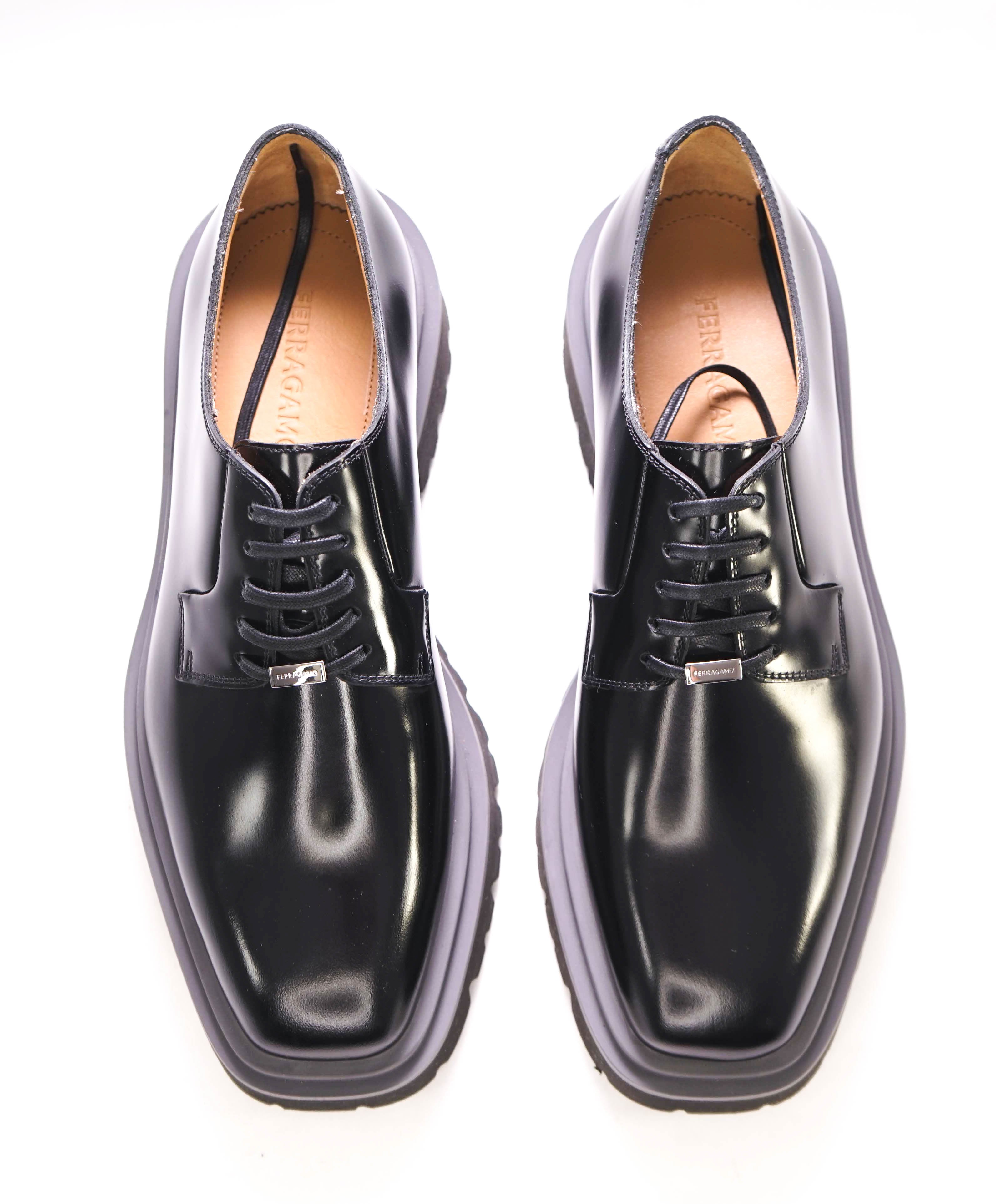 $995 SALVATORE FERRAGAMO - “FLICKER" Lug Sole Oxfords Black Leather - 9M US